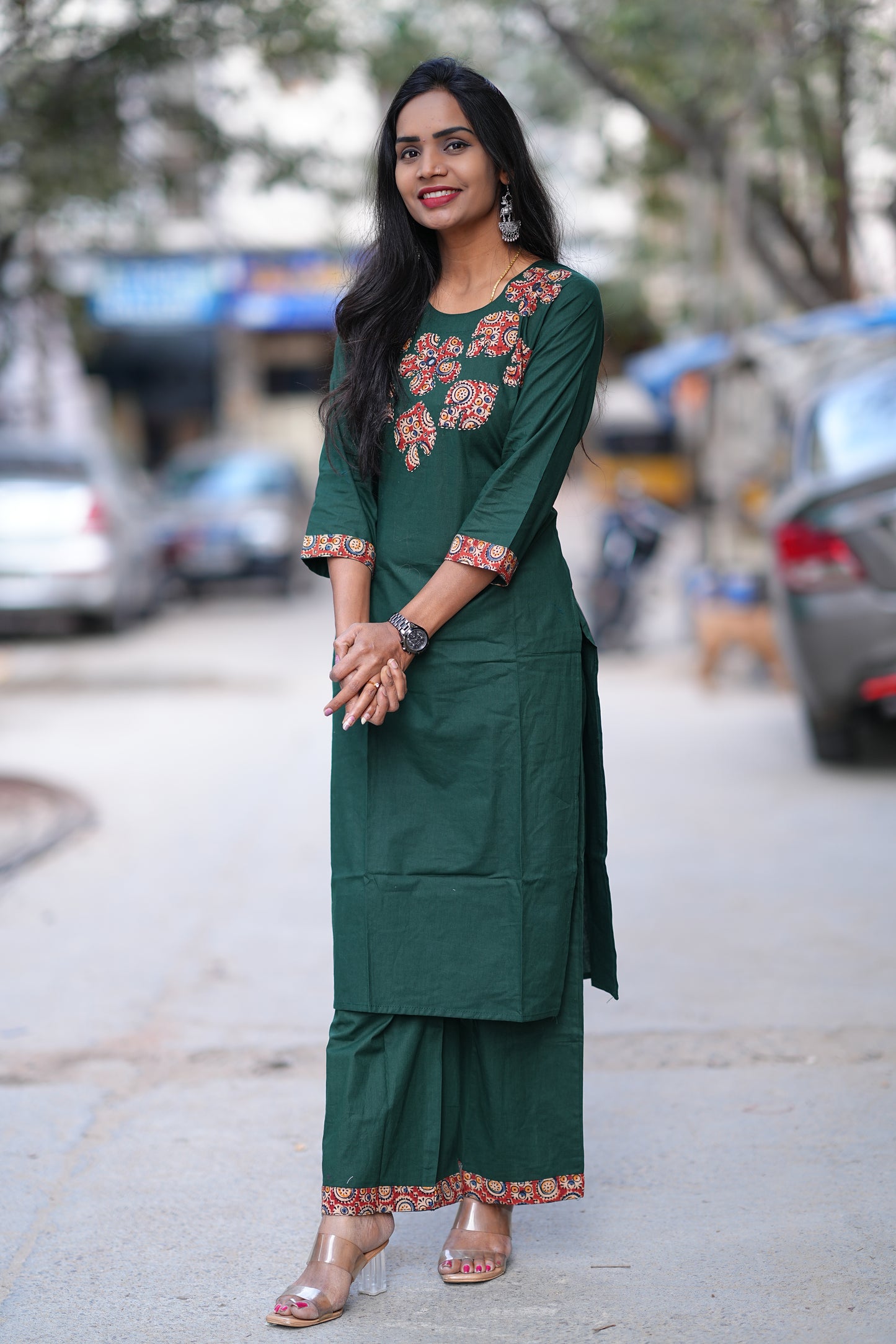 Bottle Green Jaipur Cotton Cordset With Kalamkari Applique Work