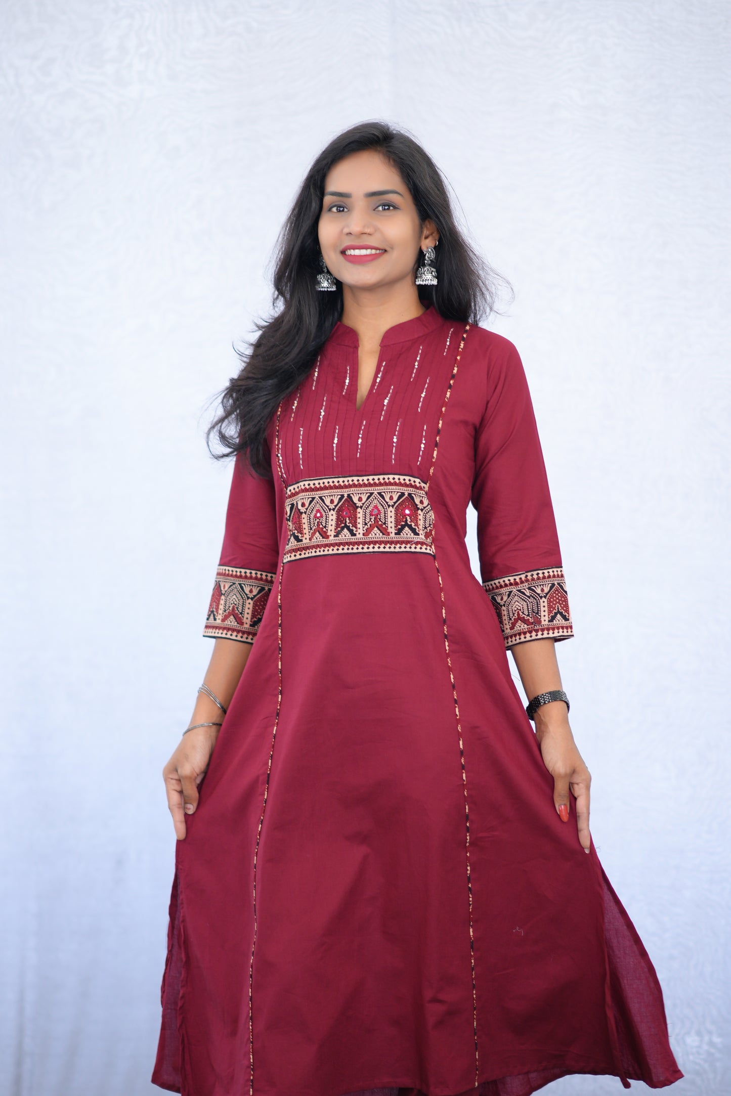 Maroon Color Stylish Office Wear Cord Set With Ajrakh Patch