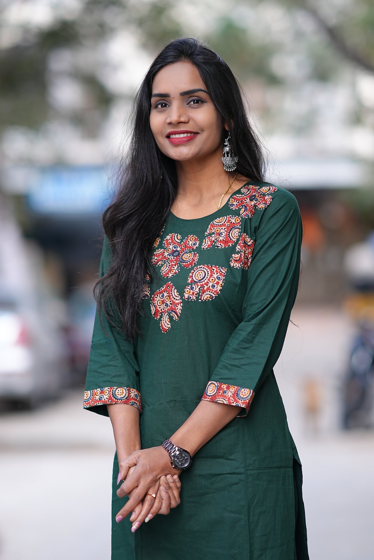 Bottle Green Jaipur Cotton Cordset With Kalamkari Applique Work