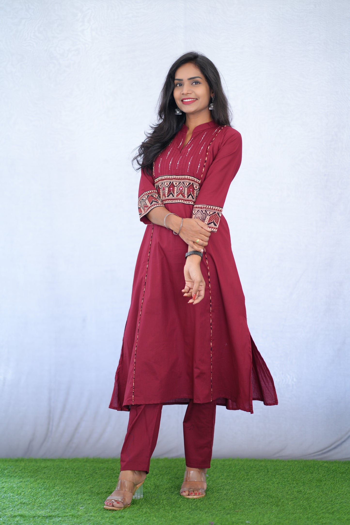 Maroon Color Stylish Office Wear Cord Set With Ajrakh Patch