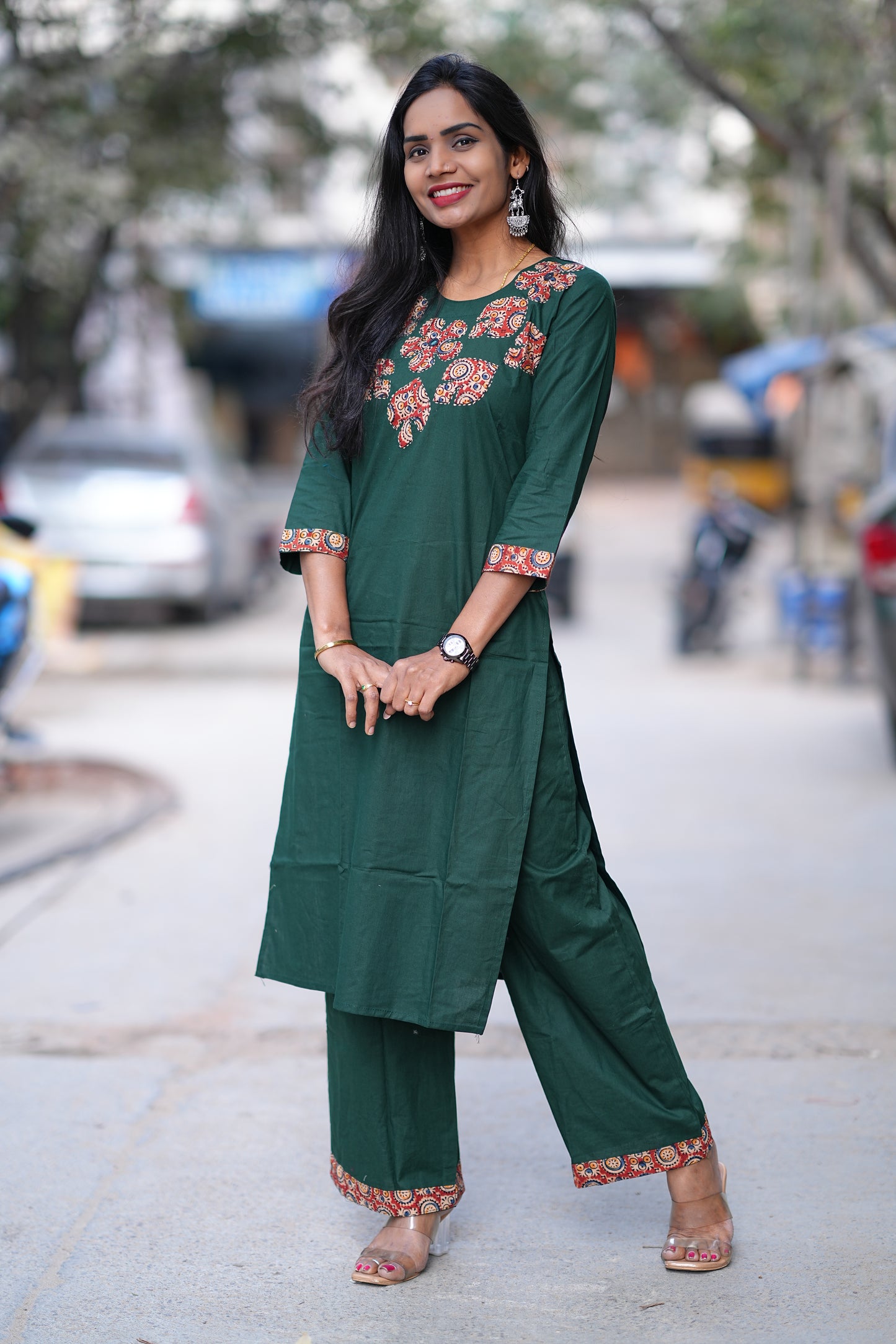 Bottle Green Jaipur Cotton Cordset With Kalamkari Applique Work
