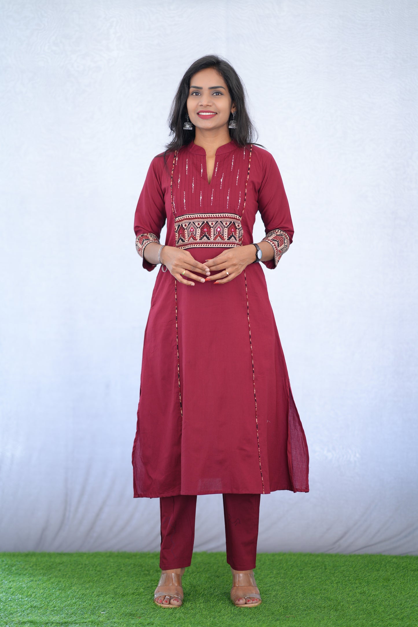 Maroon Color Stylish Office Wear Cord Set With Ajrakh Patch