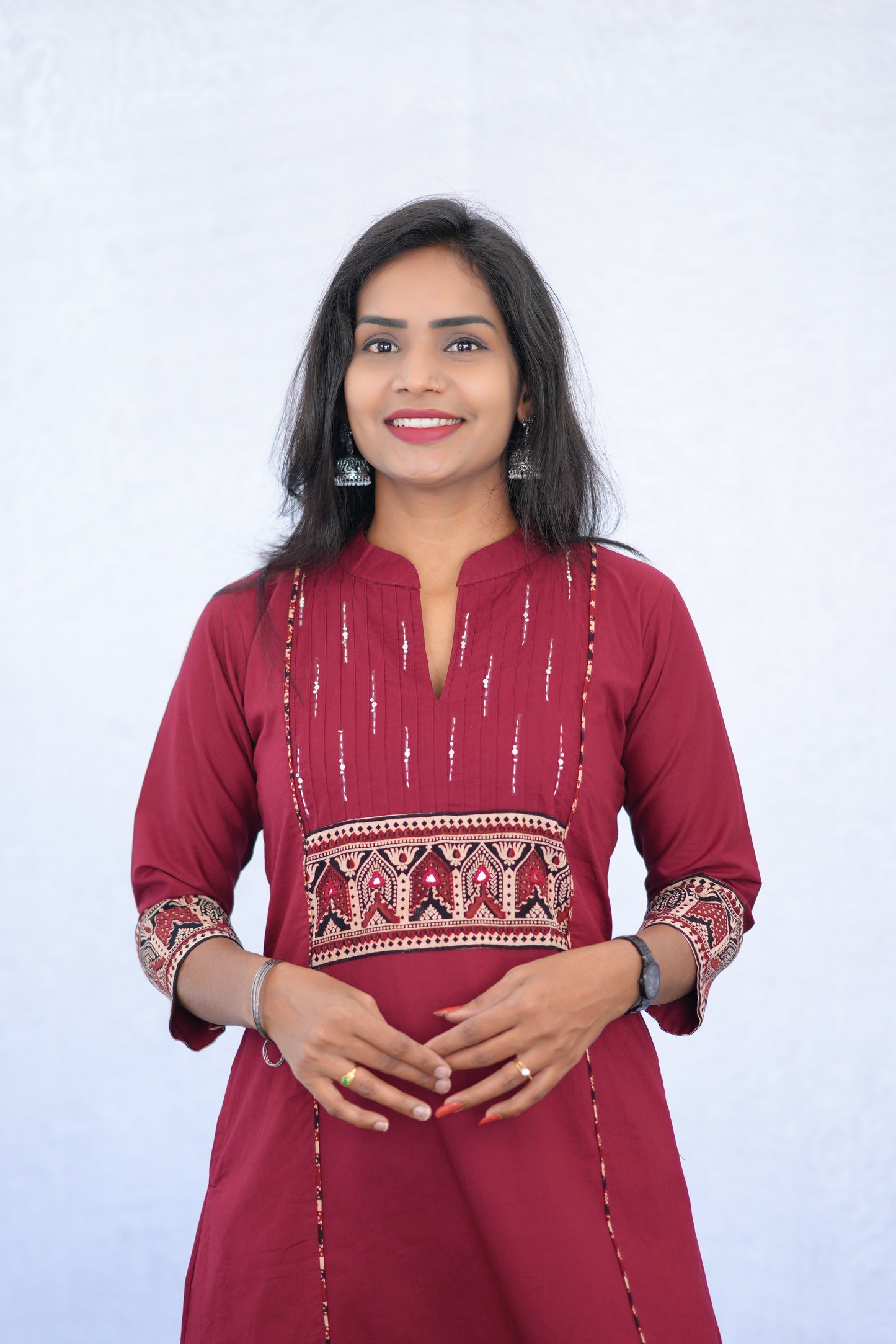 Maroon Color Stylish Office Wear Cord Set With Ajrakh Patch