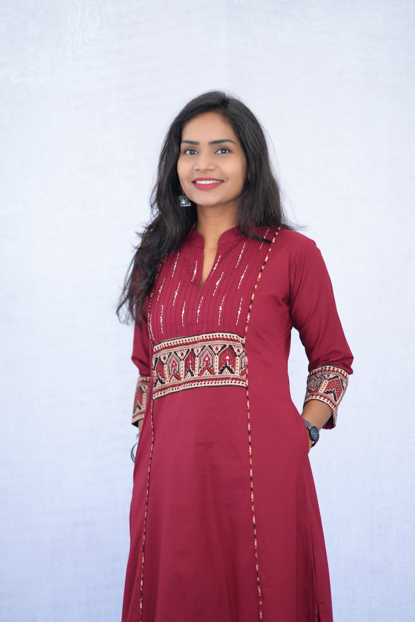 Maroon Color Stylish Office Wear Cord Set With Ajrakh Patch