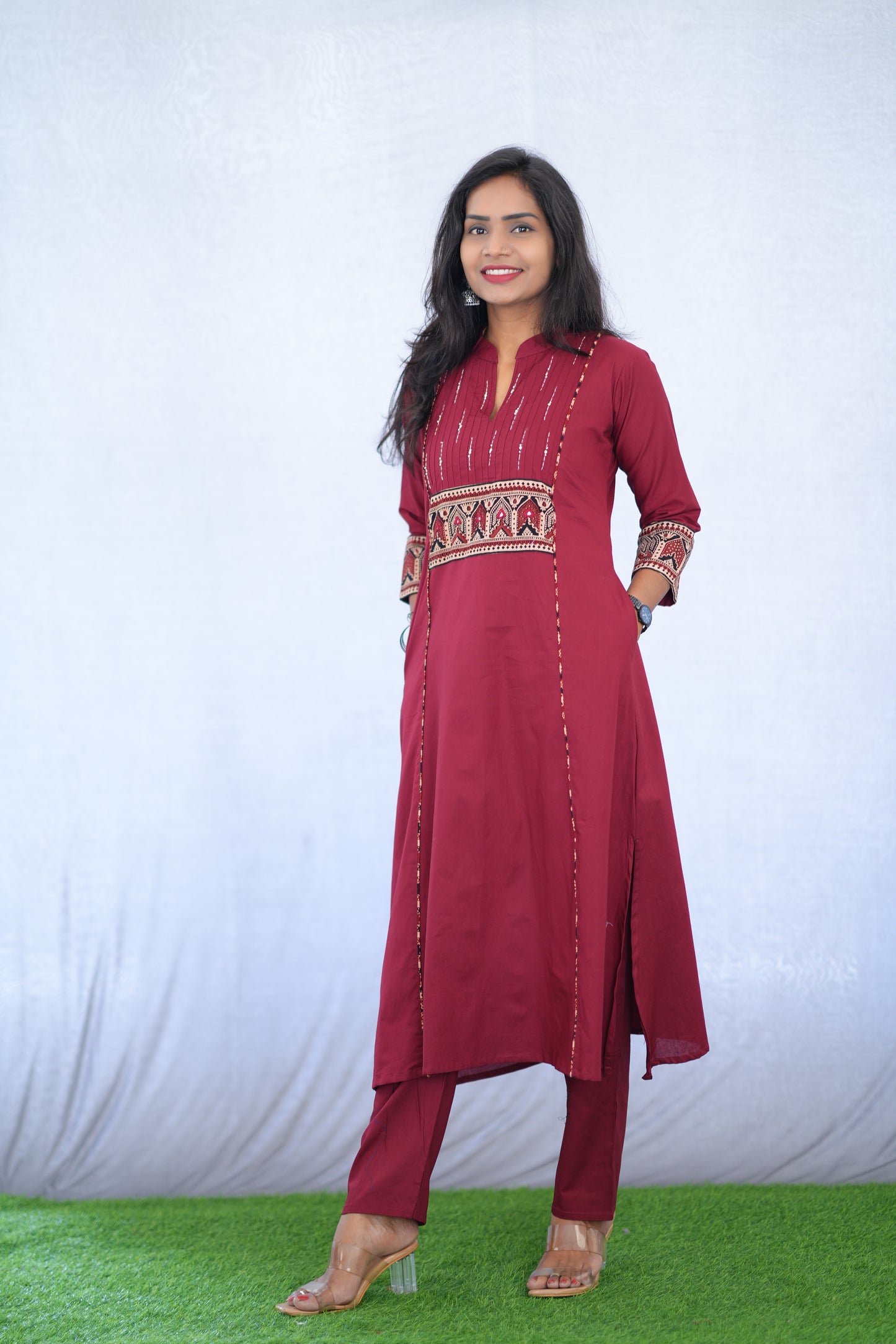 Maroon Color Stylish Office Wear Cord Set With Ajrakh Patch