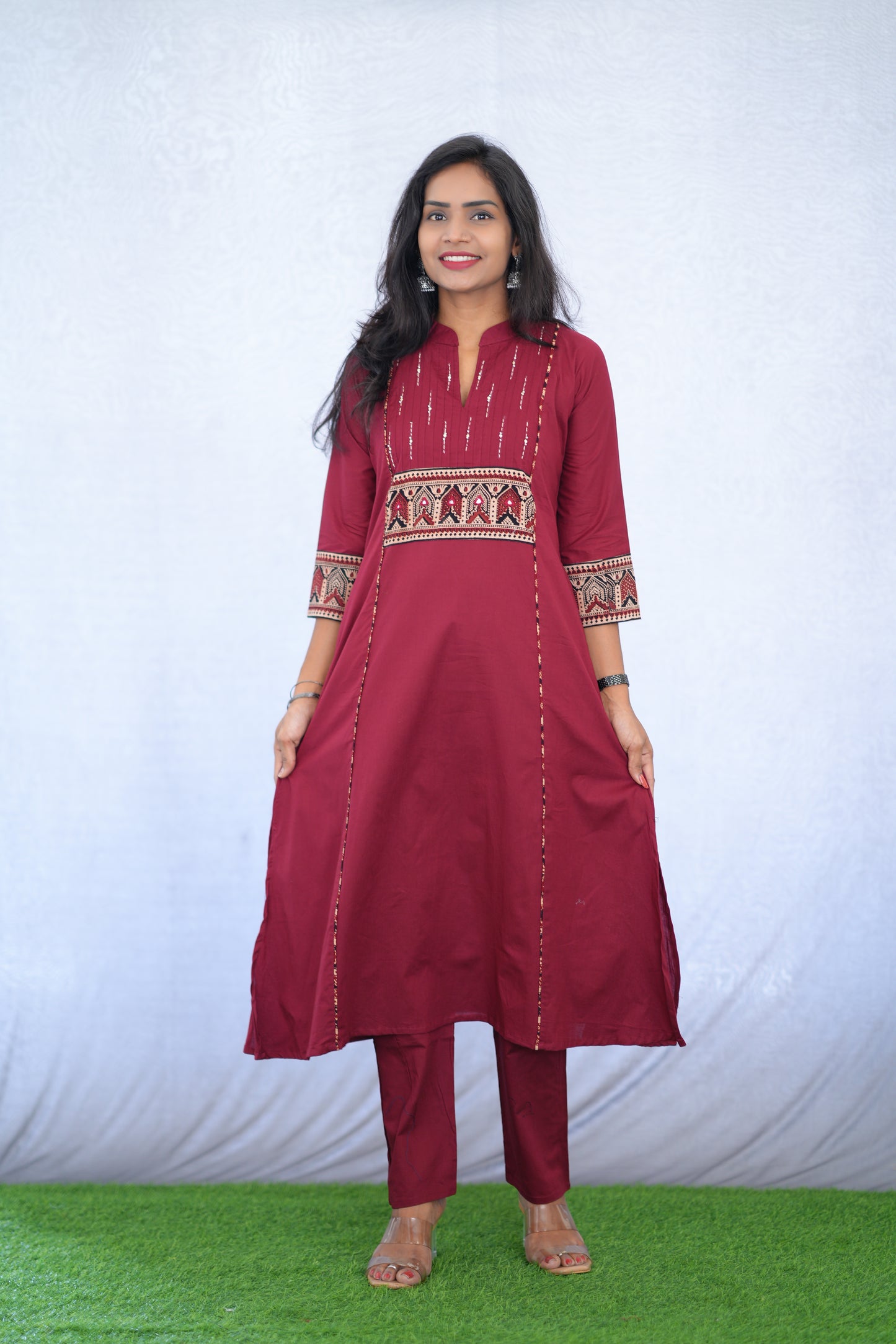 Maroon Color Stylish Office Wear Cord Set With Ajrakh Patch
