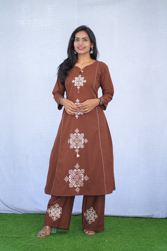 Brown Color Jaipur Cotton Cord Set With embroidery work