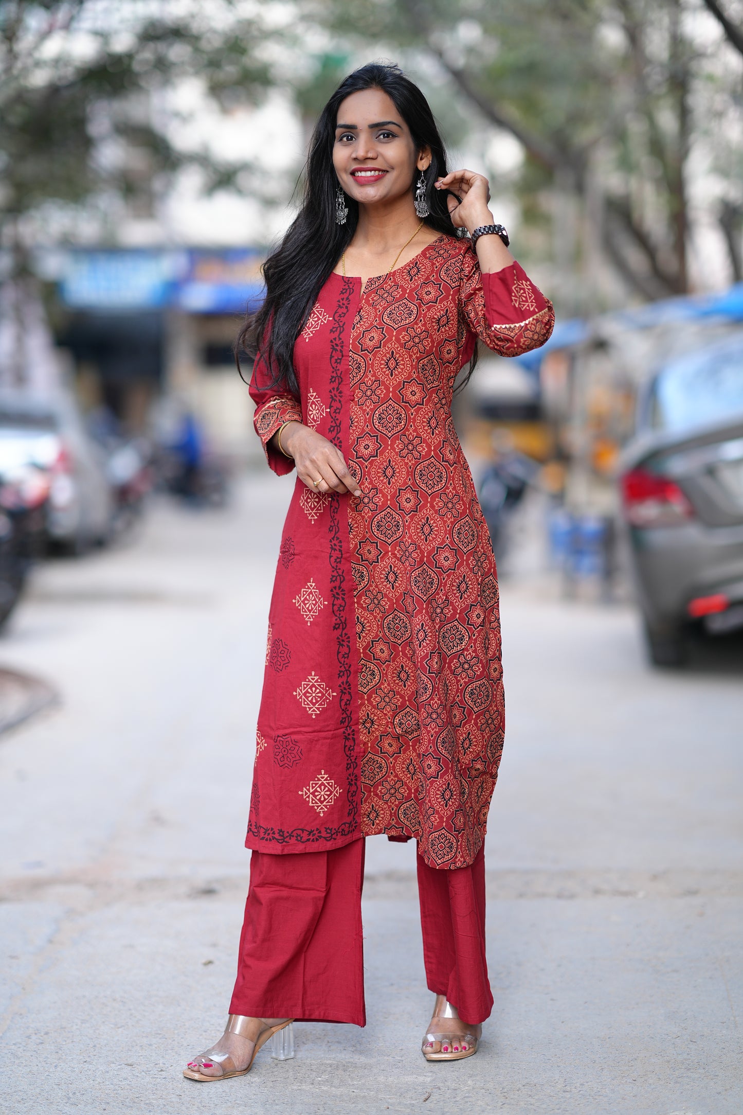Red Color Jaipur Cotton Cordset With one Side Kalamkari Print