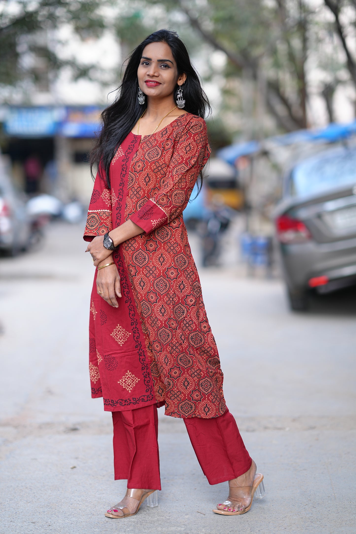 Red Color Jaipur Cotton Cordset With one Side Kalamkari Print