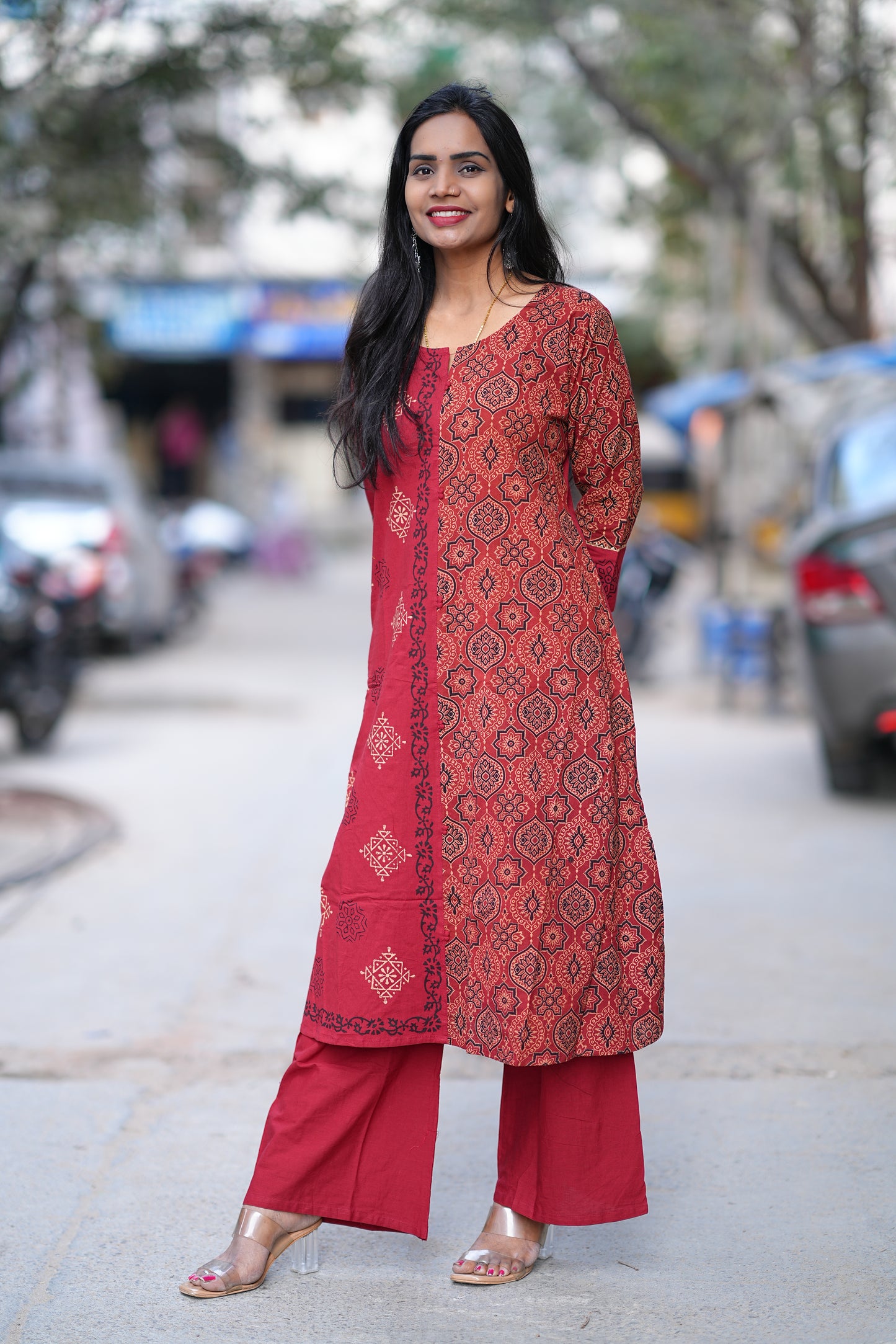 Red Color Jaipur Cotton Cordset With one Side Kalamkari Print