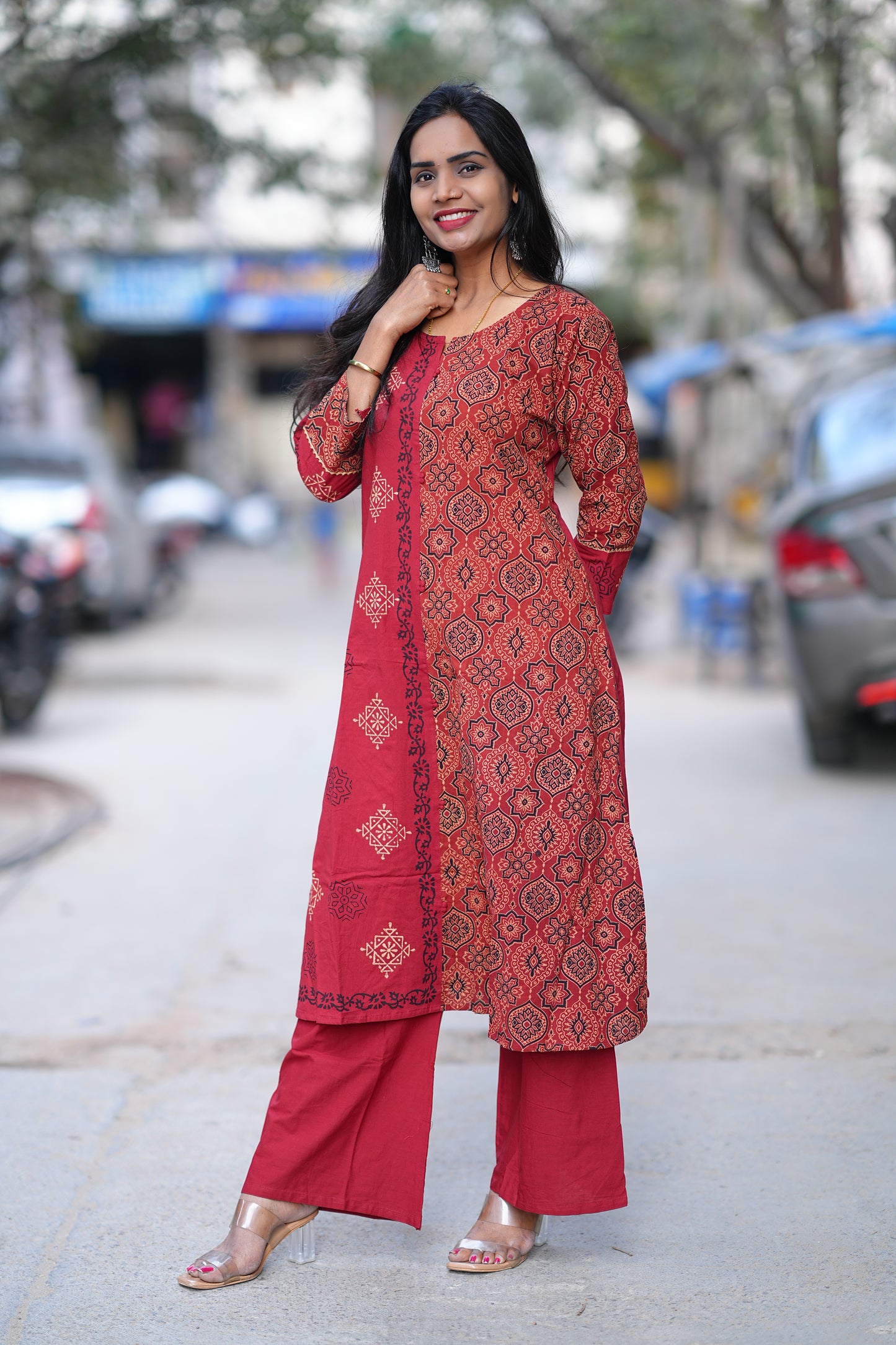 Red Color Jaipur Cotton Cordset With one Side Kalamkari Print