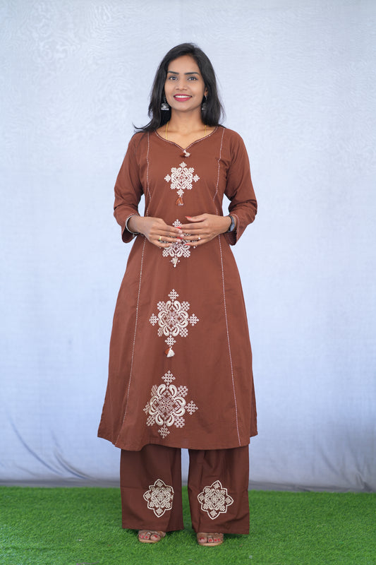 Brown Color Jaipur Cotton Cord Set With embroidery work
