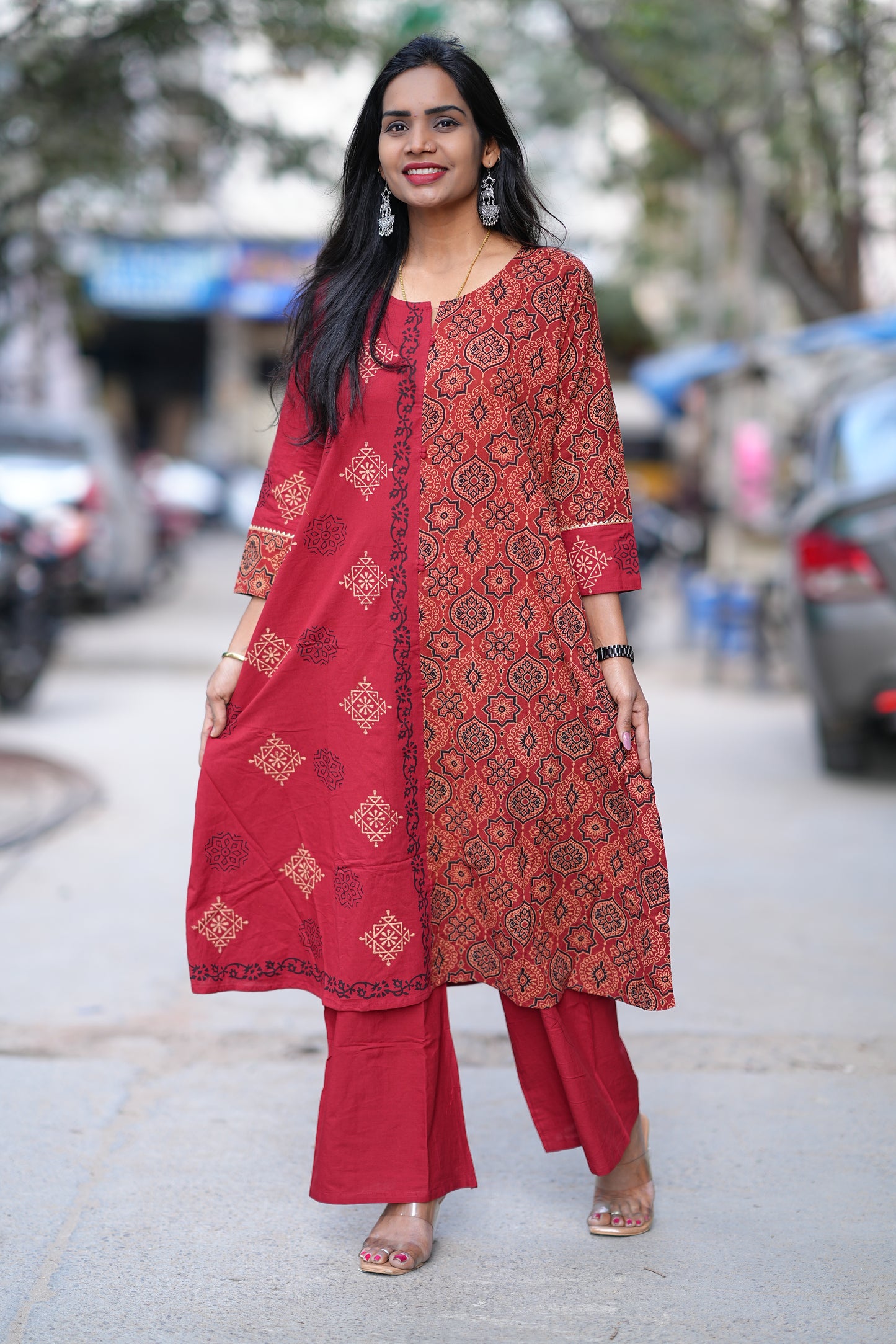 Red Color Jaipur Cotton Cordset With one Side Kalamkari Print