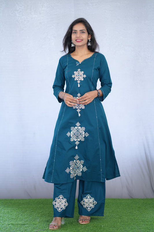 Teal Blue Color Jaipur Cotton Cord Set With embroidery work