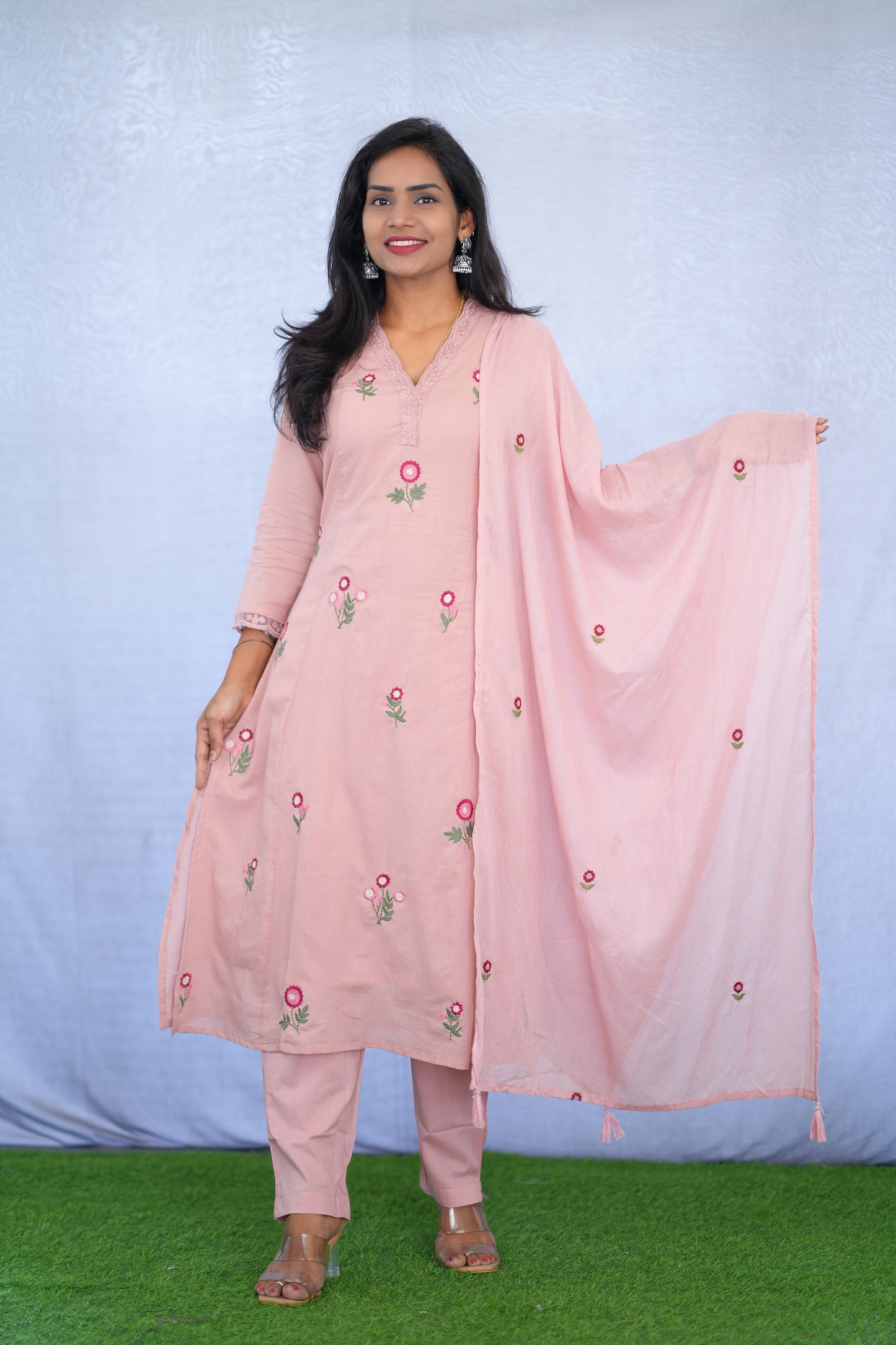 Pink Color Mul Cotton 3 Piece set With Embroidery work and Complete Lining