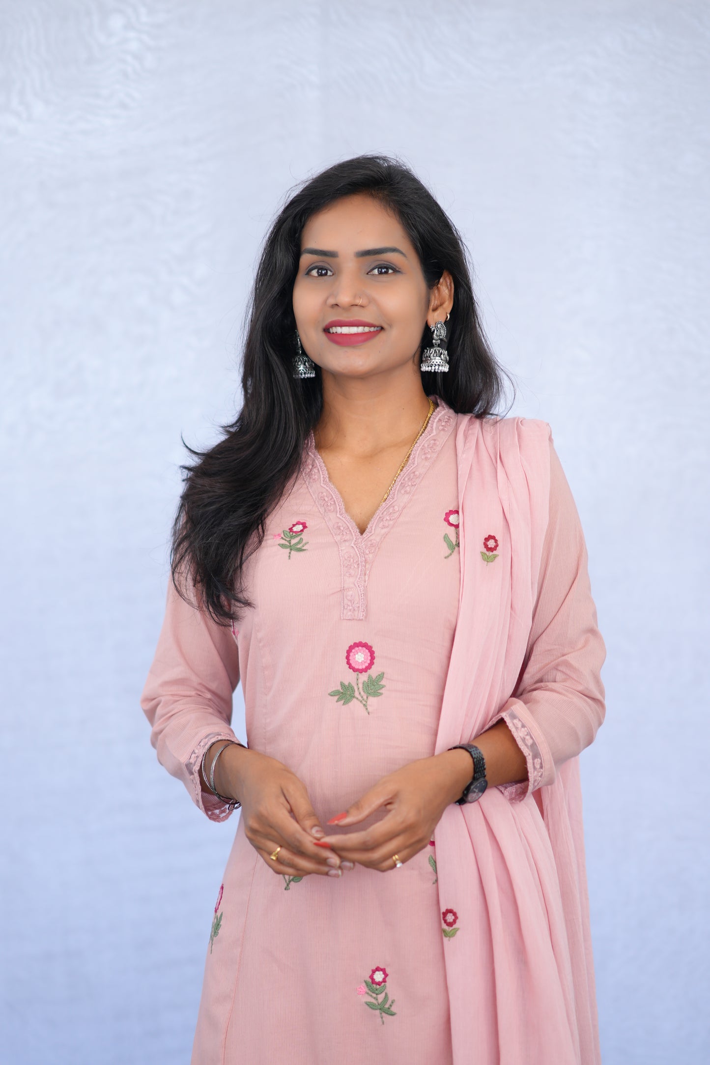 Pink Color Mul Cotton 3 Piece set With Embroidery work and Complete Lining