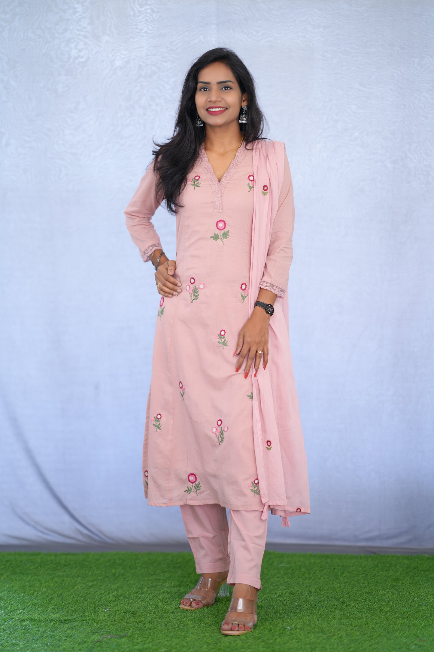 Pink Color Mul Cotton 3 Piece set With Embroidery work and Complete Lining