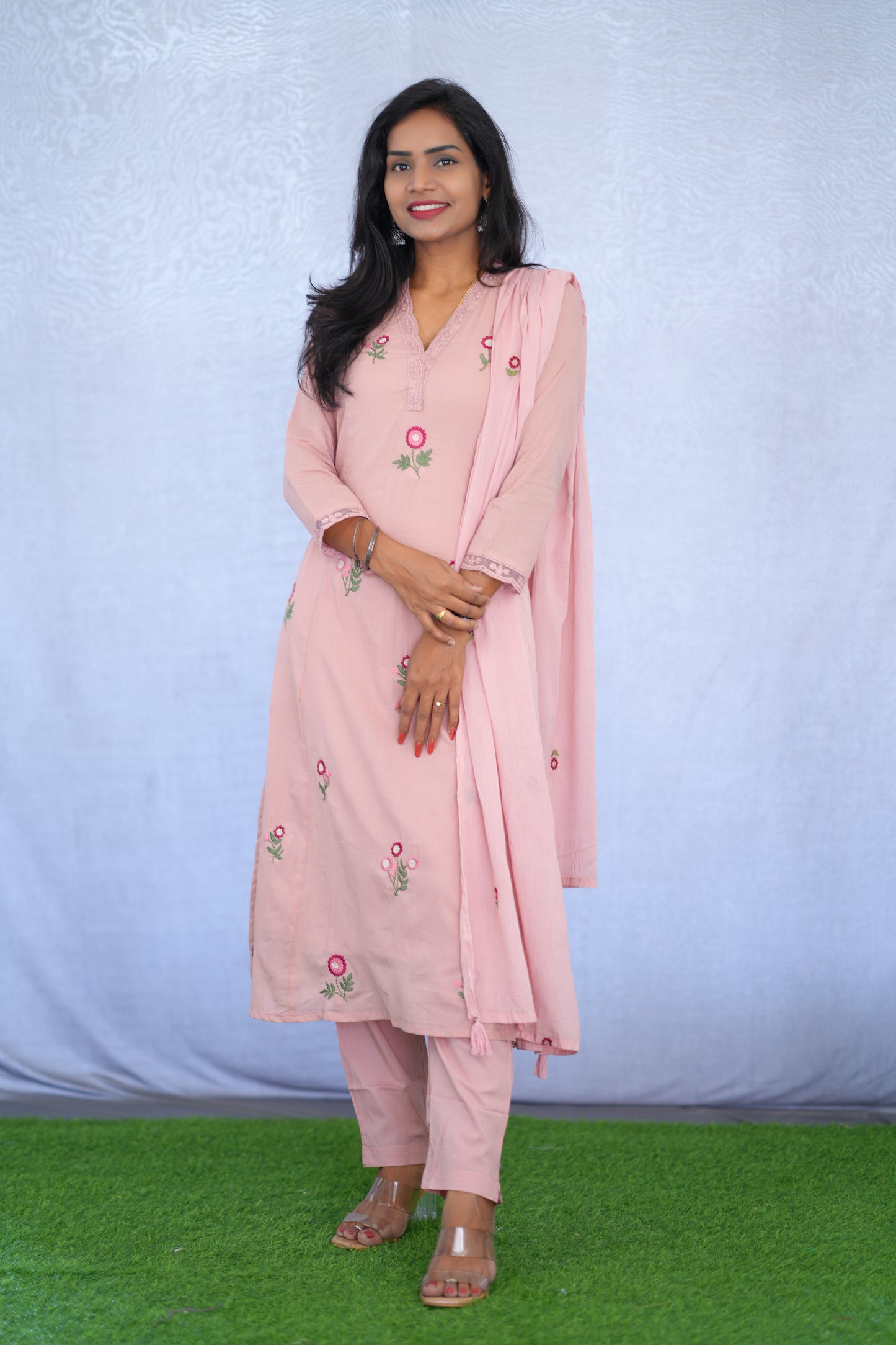 Pink Color Mul Cotton 3 Piece set With Embroidery work and Complete Lining