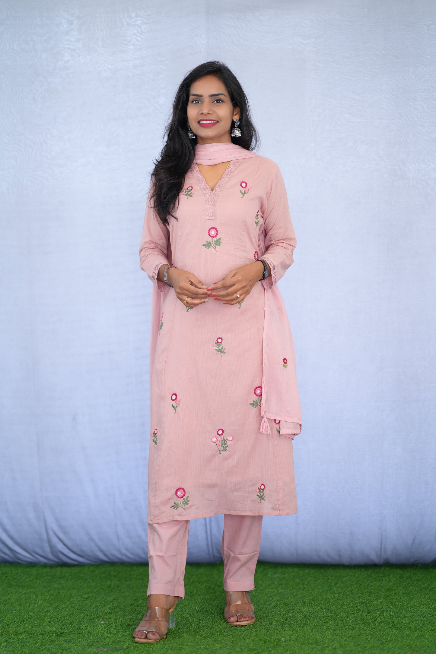 Pink Color Mul Cotton 3 Piece set With Embroidery work and Complete Lining