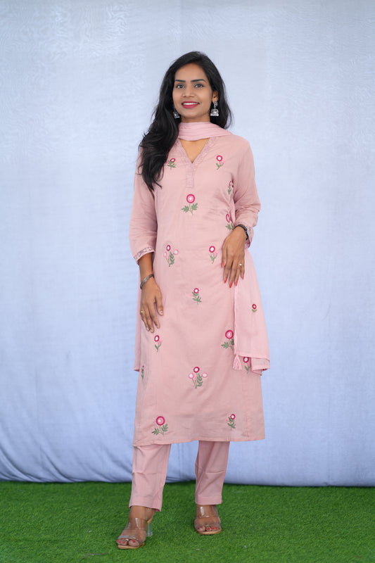 Pink Color Mul Cotton 3 Piece set With Embroidery work and Complete Lining