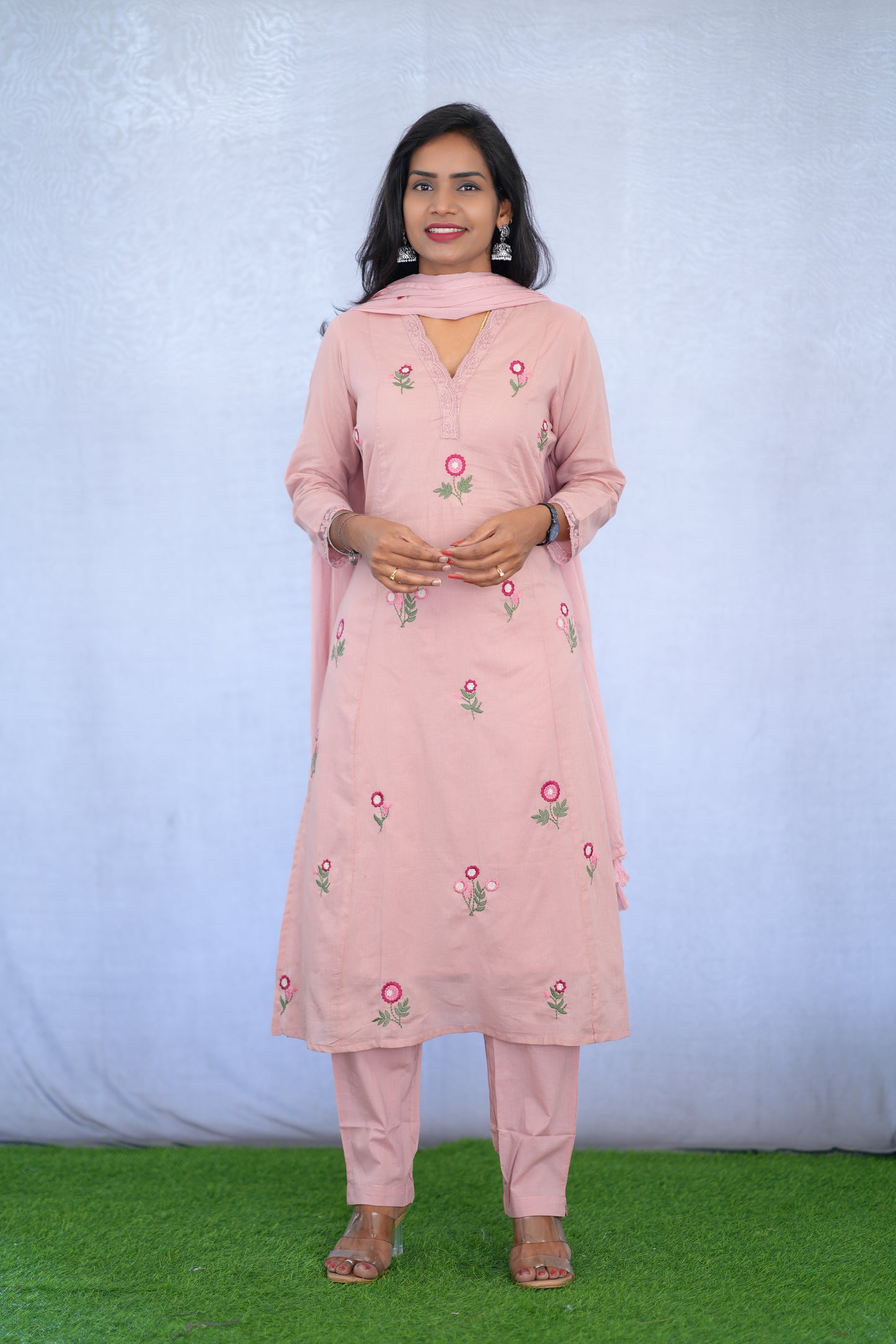 Pink Color Mul Cotton 3 Piece set With Embroidery work and Complete Lining