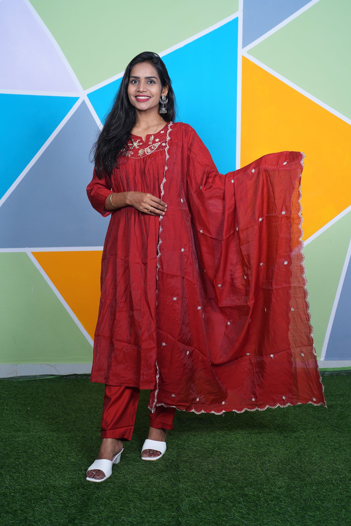 Red Color Mul Chanderi Festive Wear Anarkali 3 Piece Set