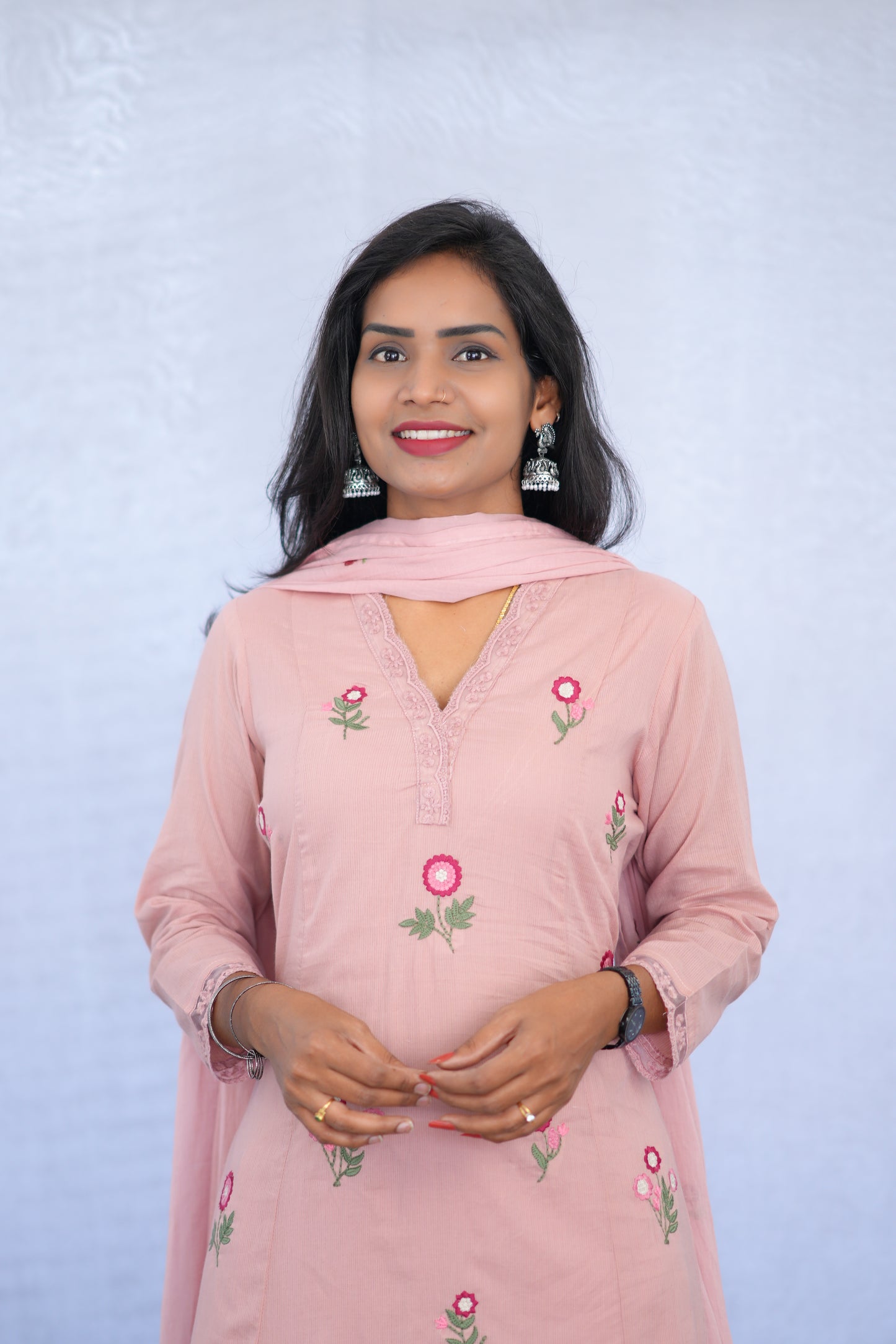 Pink Color Mul Cotton 3 Piece set With Embroidery work and Complete Lining