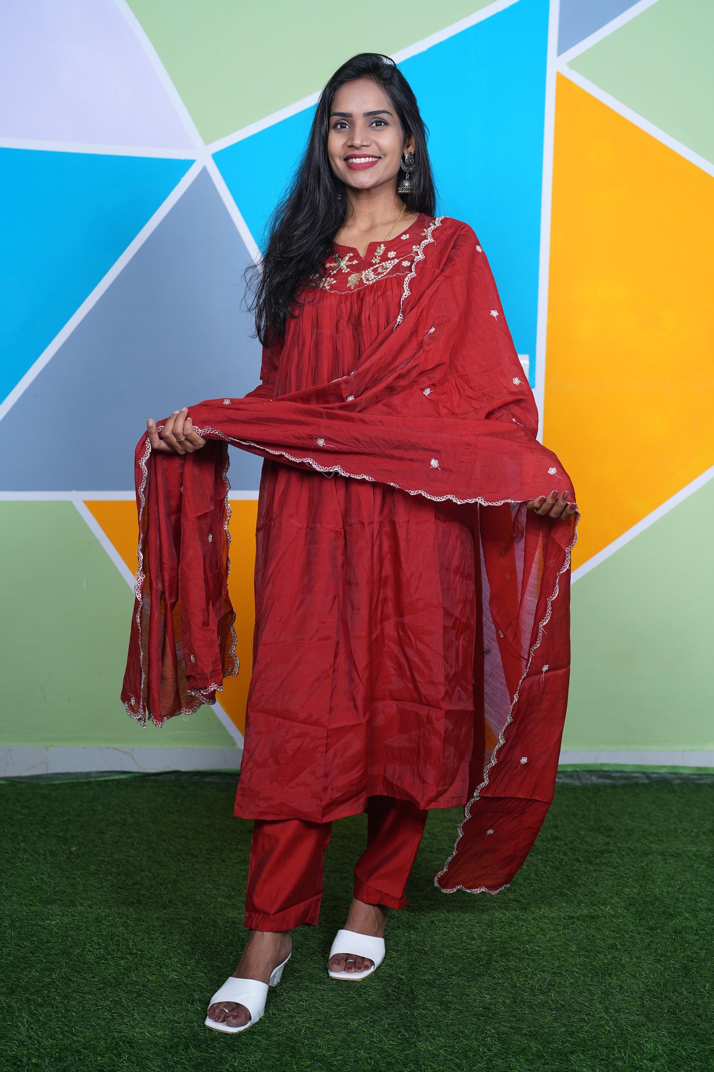 Red Color Mul Chanderi Festive Wear Anarkali 3 Piece Set