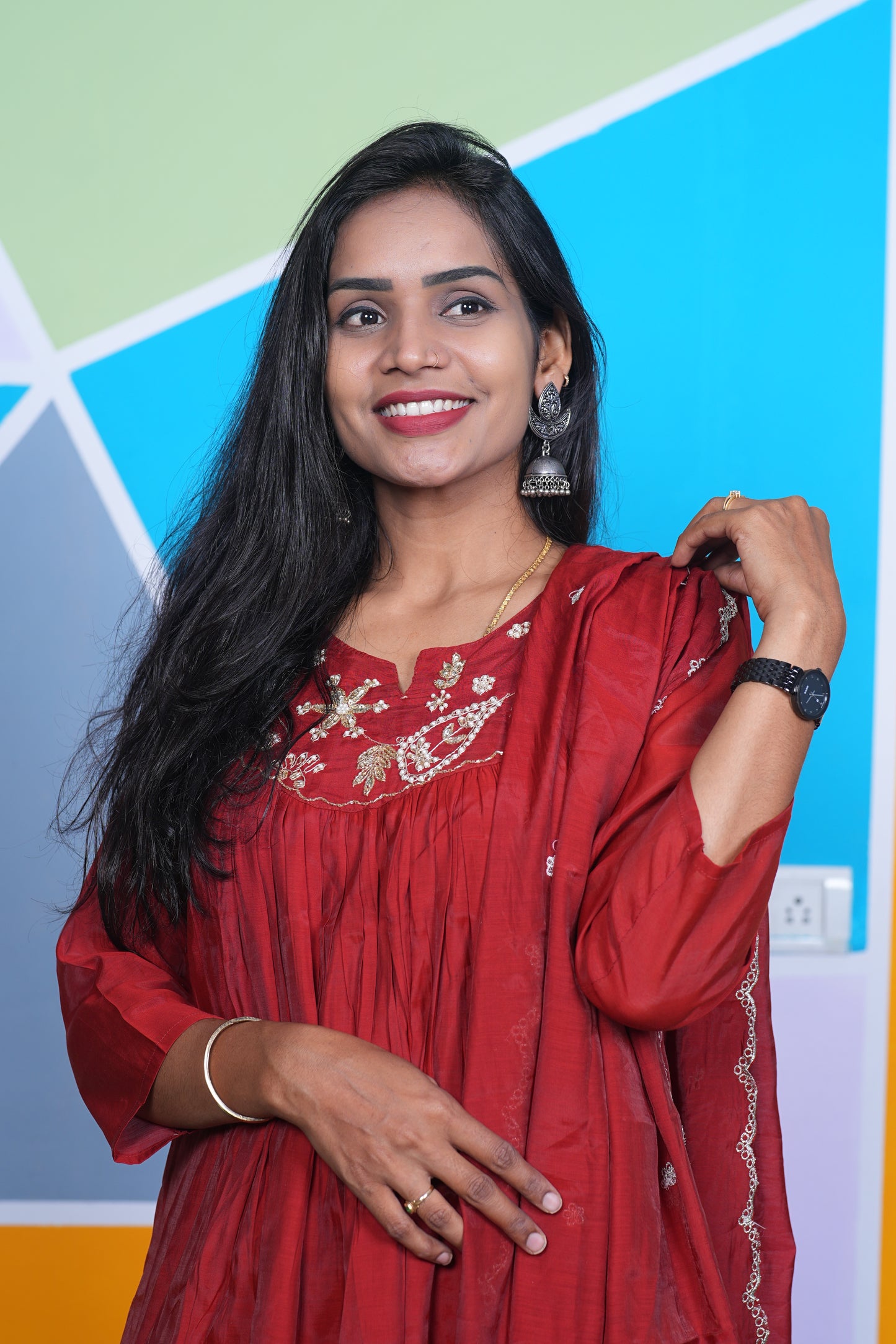 Red Color Mul Chanderi Festive Wear Anarkali 3 Piece Set