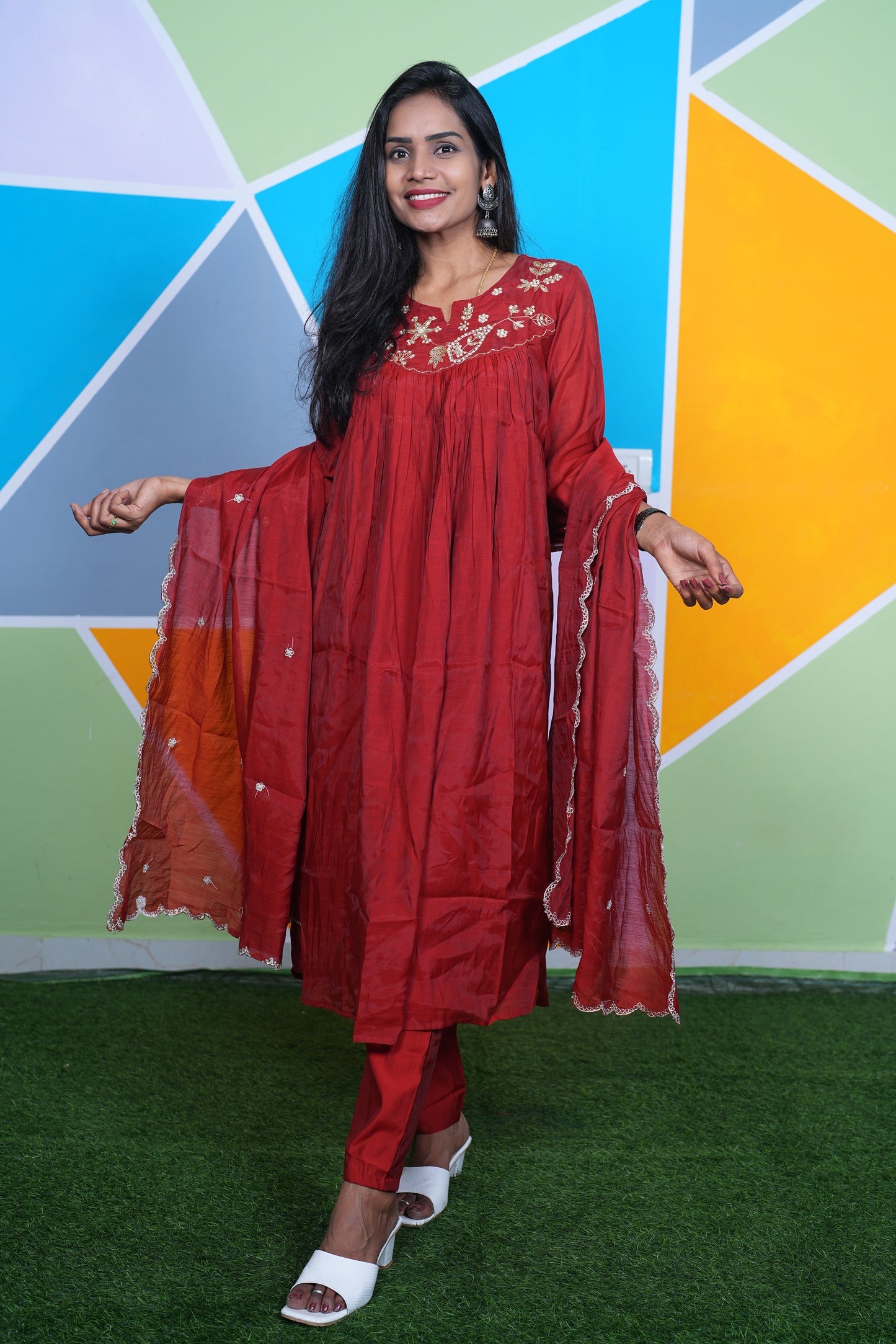 Red Color Mul Chanderi Festive Wear Anarkali 3 Piece Set