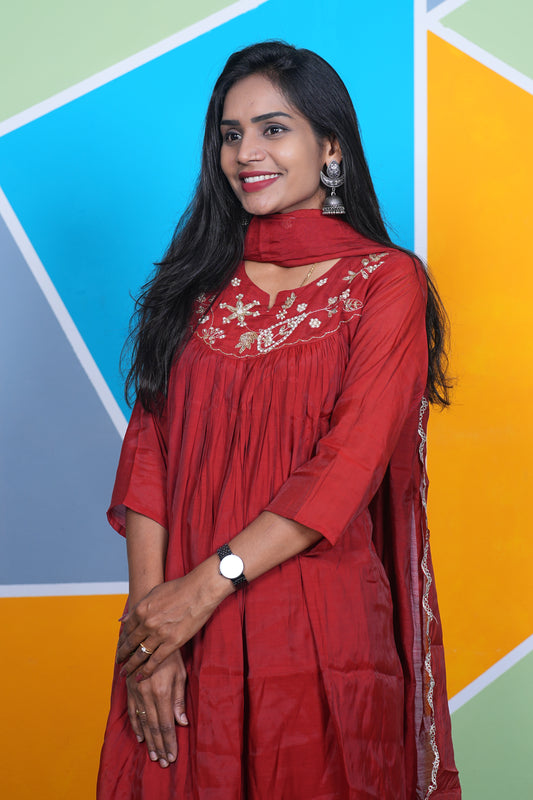 Red Color Mul Chanderi Festive Wear Anarkali 3 Piece Set