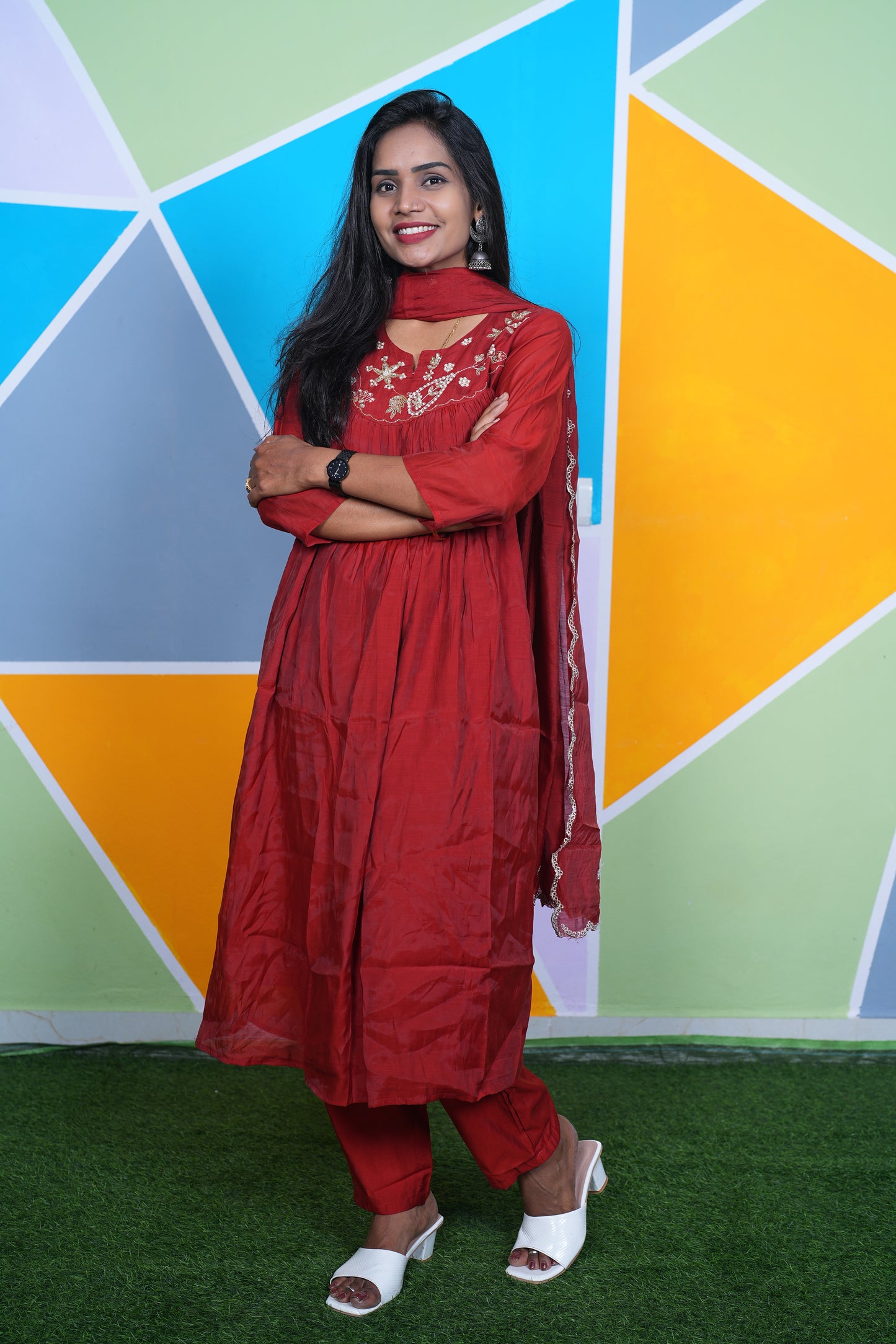 Red Color Mul Chanderi Festive Wear Anarkali 3 Piece Set