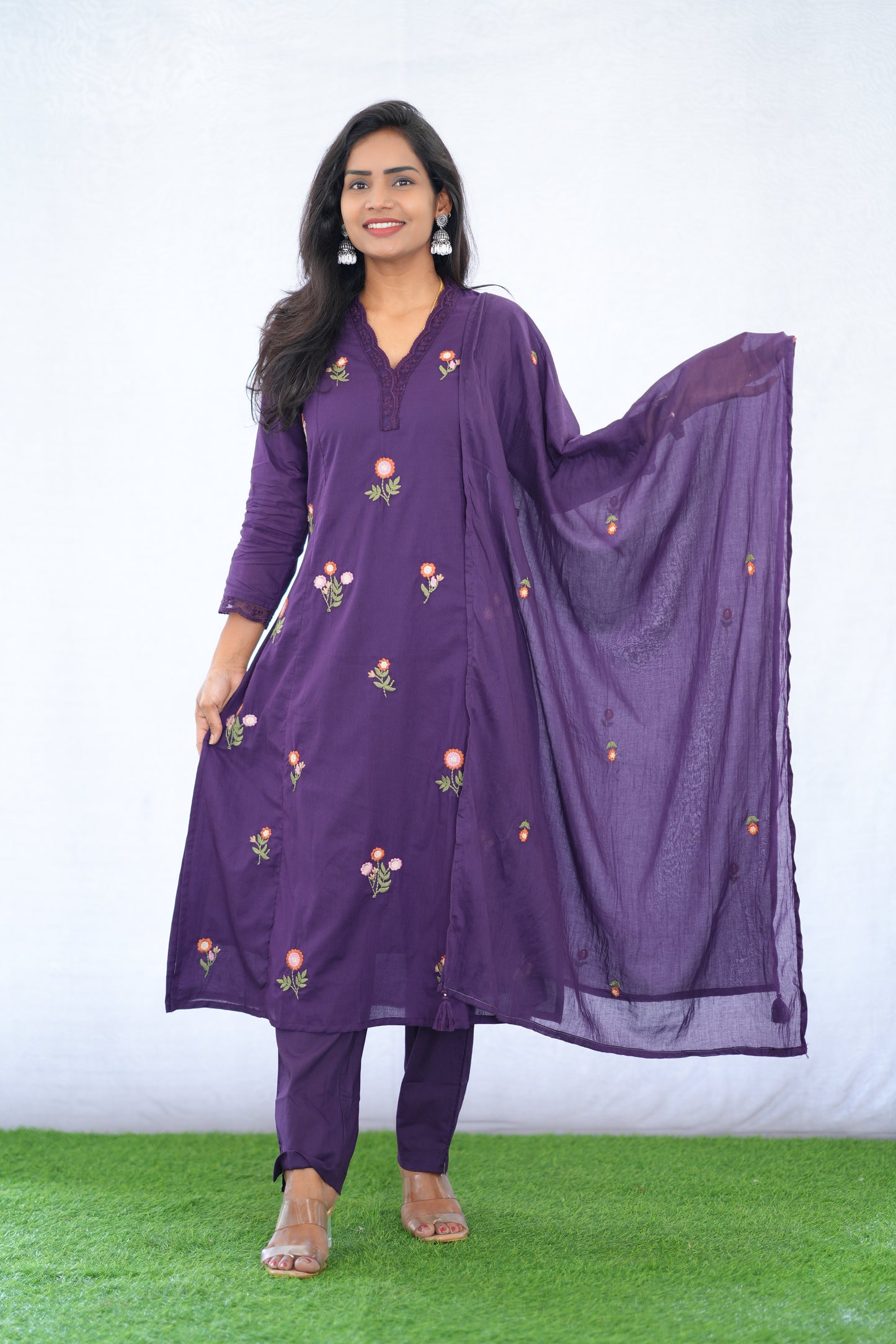 Purple Color Mul Cotton 3 Piece set With Embroidery work and Complete Lining