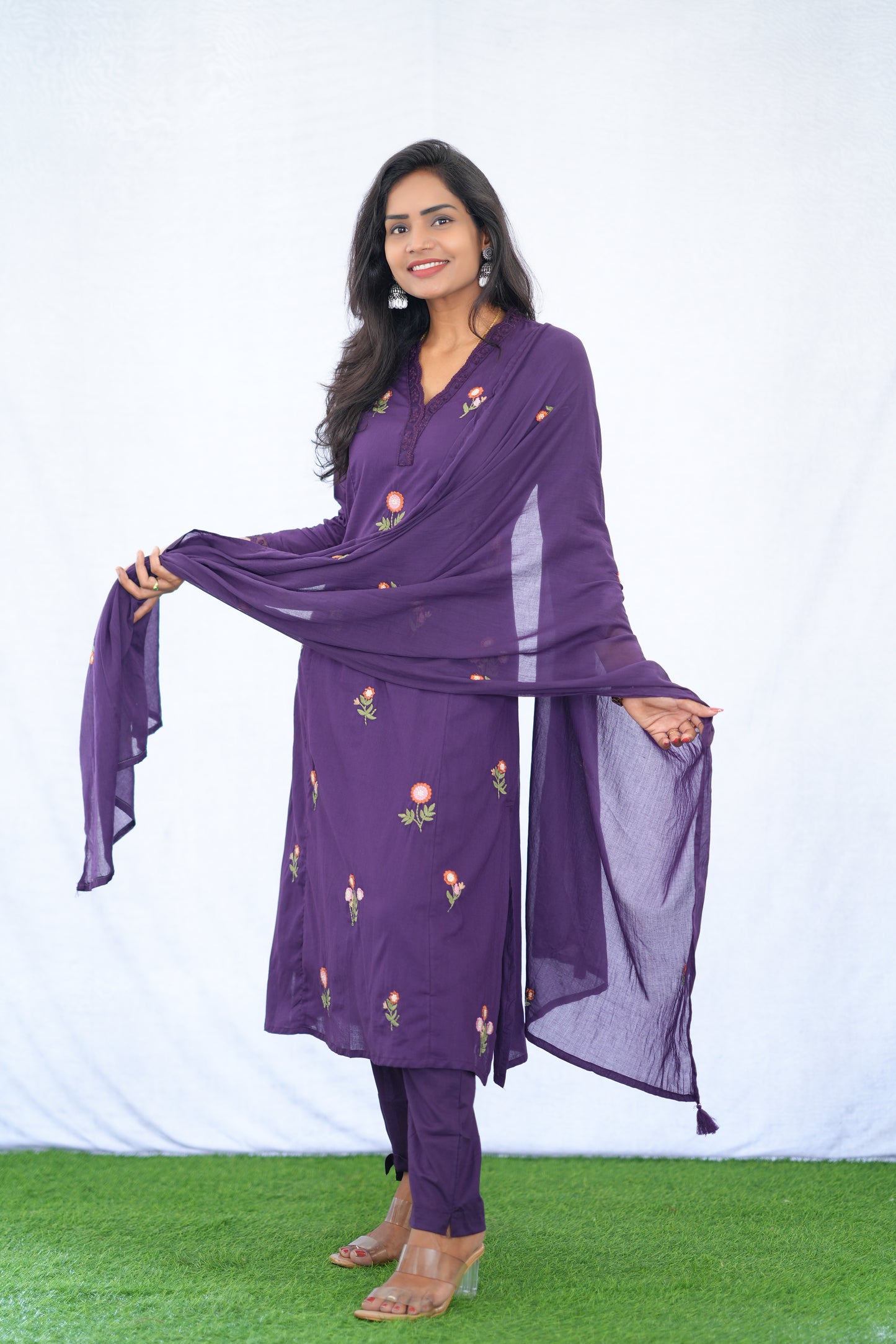 Purple Color Mul Cotton 3 Piece set With Embroidery work and Complete Lining