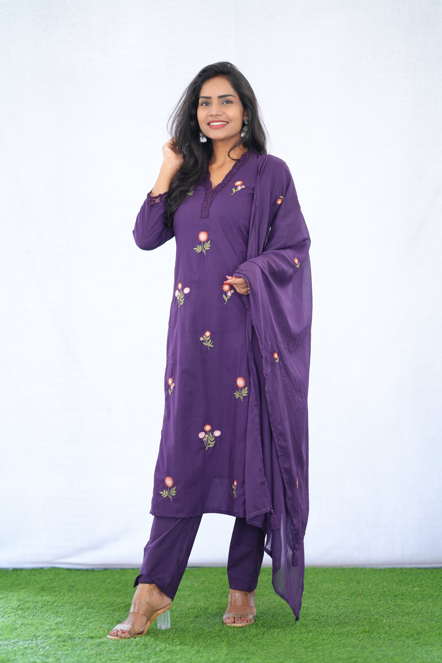 Purple Color Mul Cotton 3 Piece set With Embroidery work and Complete Lining