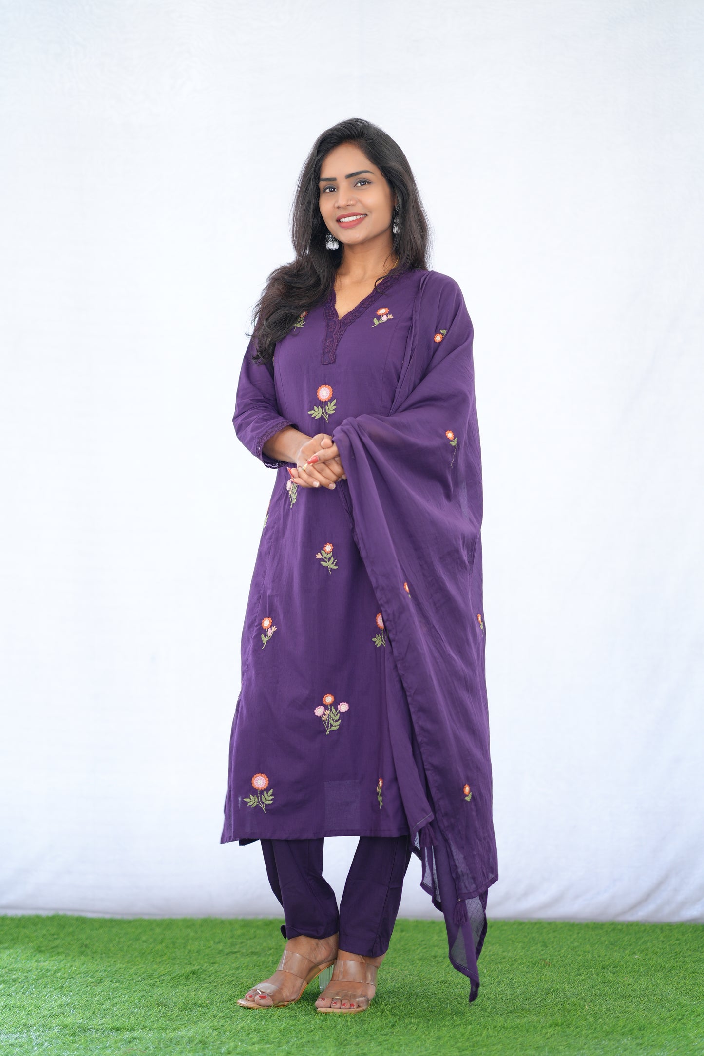 Purple Color Mul Cotton 3 Piece set With Embroidery work and Complete Lining