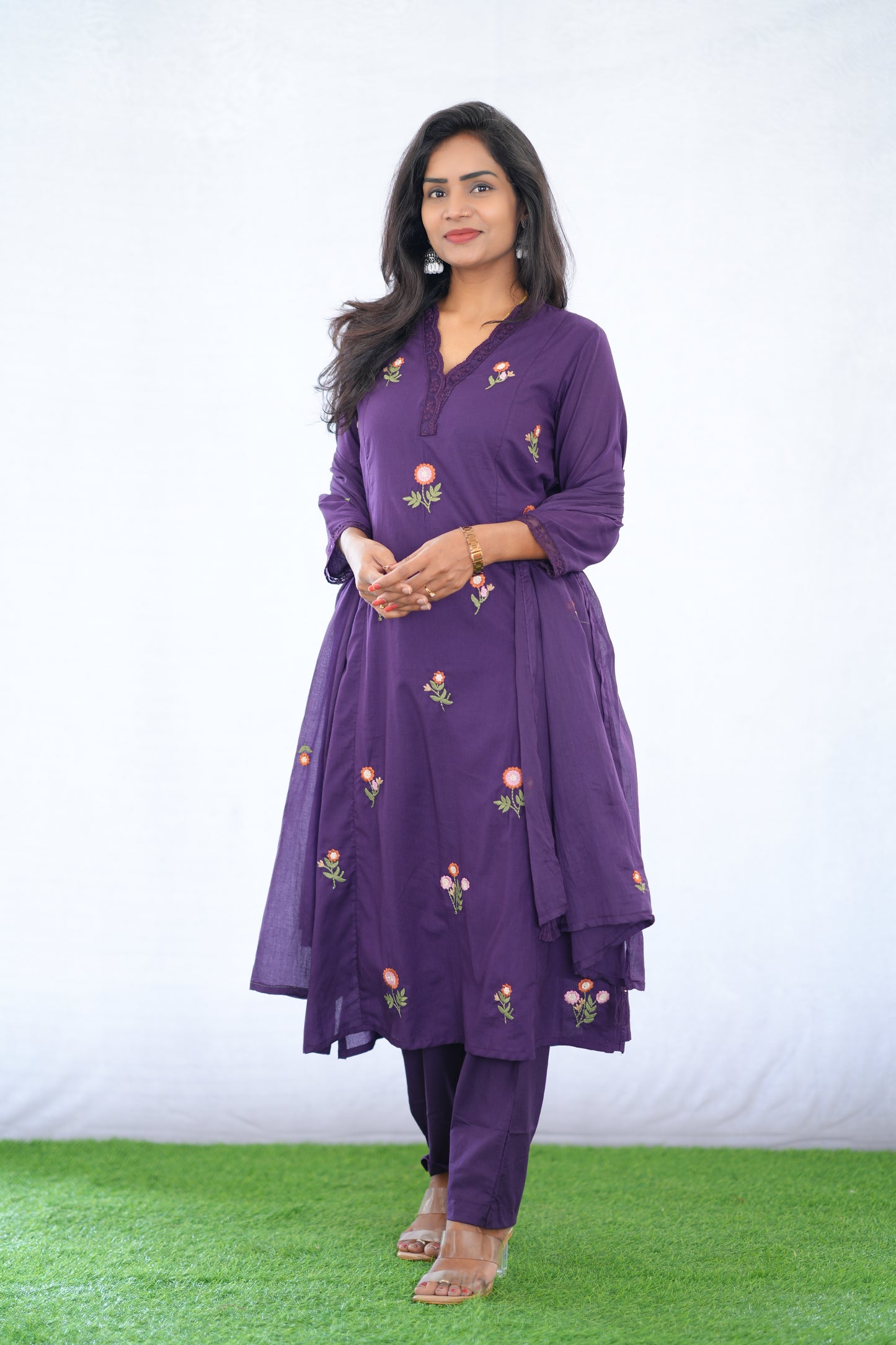 Purple Color Mul Cotton 3 Piece set With Embroidery work and Complete Lining