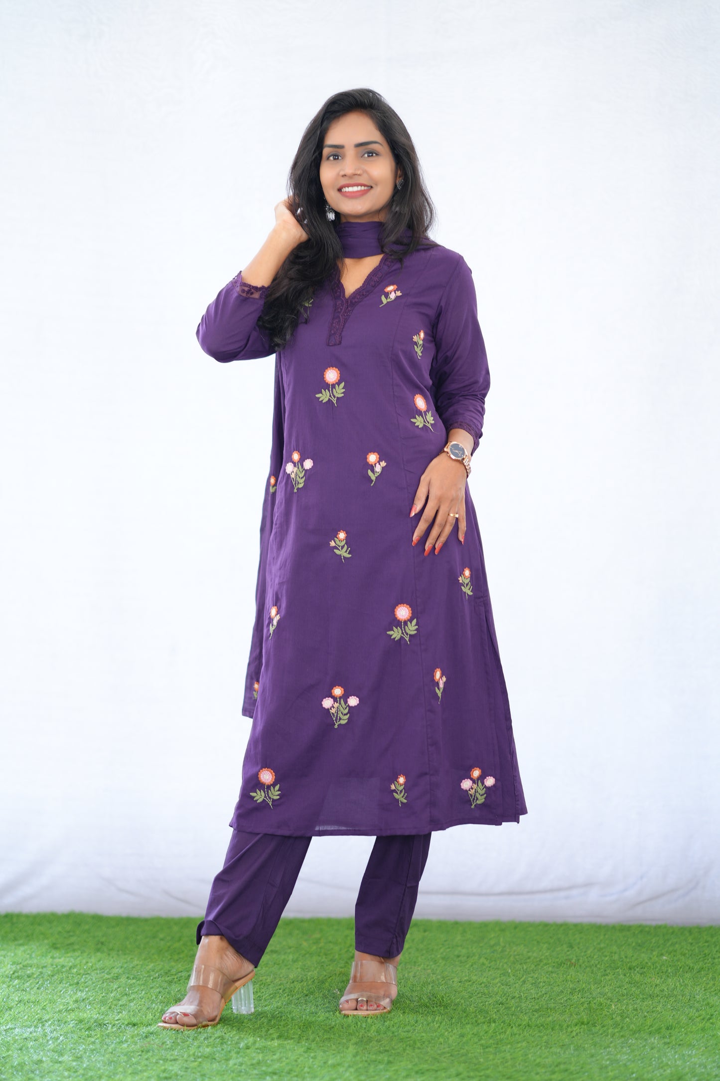 Purple Color Mul Cotton 3 Piece set With Embroidery work and Complete Lining
