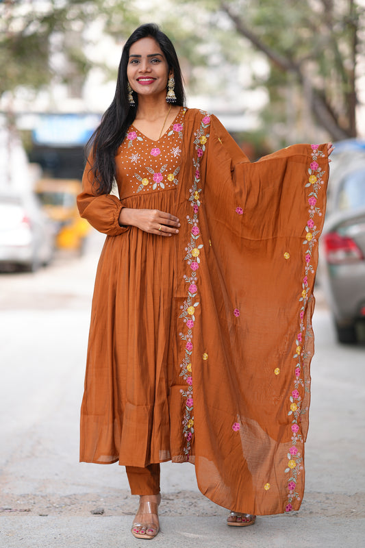 Brown Mul Cotton 3 Piece Set With Thread Embroidery Work and Complete Lining