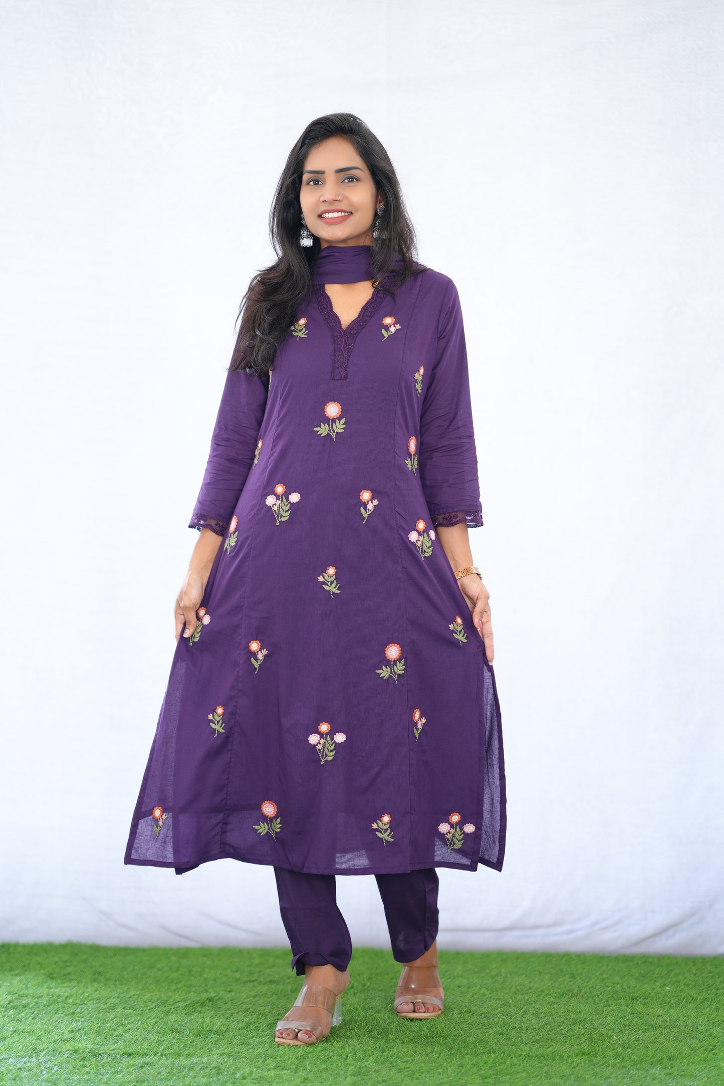 Purple Color Mul Cotton 3 Piece set With Embroidery work and Complete Lining