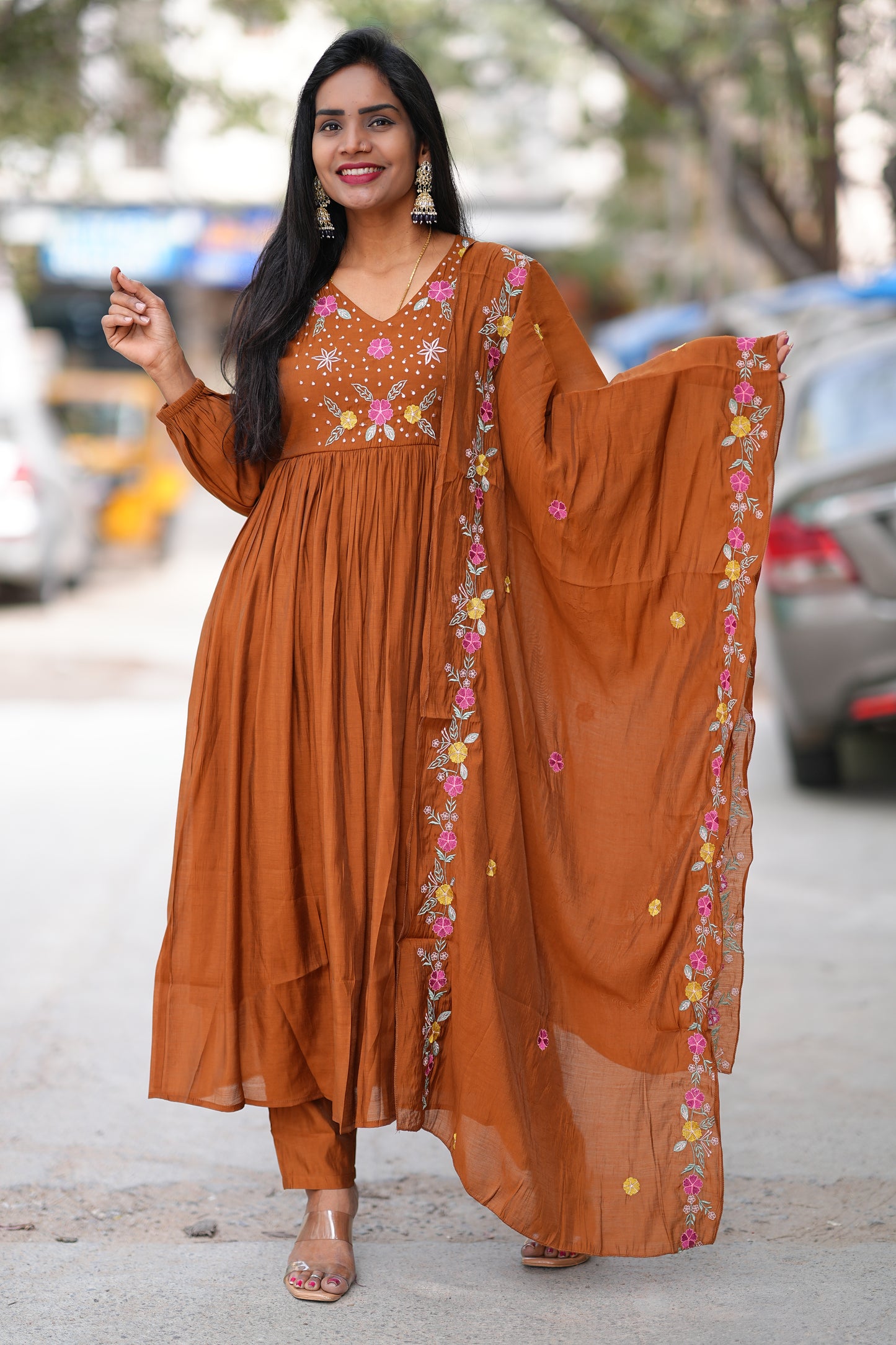 Brown Mul Cotton 3 Piece Set With Thread Embroidery Work and Complete Lining