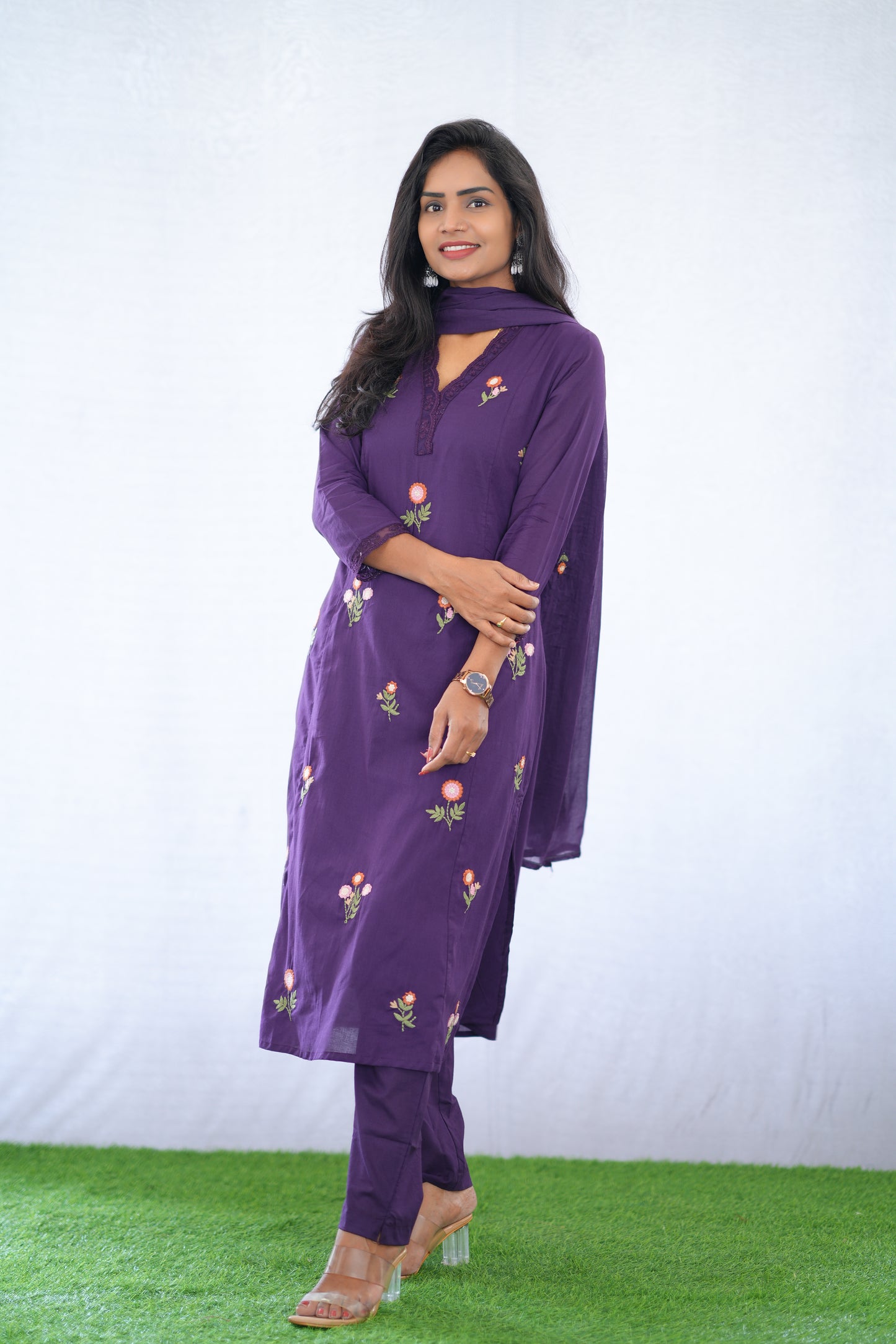 Purple Color Mul Cotton 3 Piece set With Embroidery work and Complete Lining