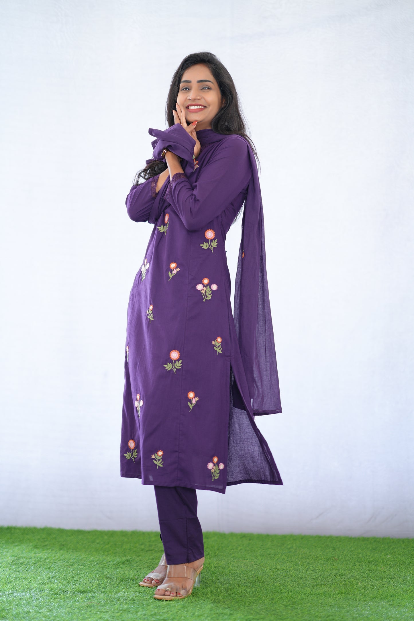 Purple Color Mul Cotton 3 Piece set With Embroidery work and Complete Lining