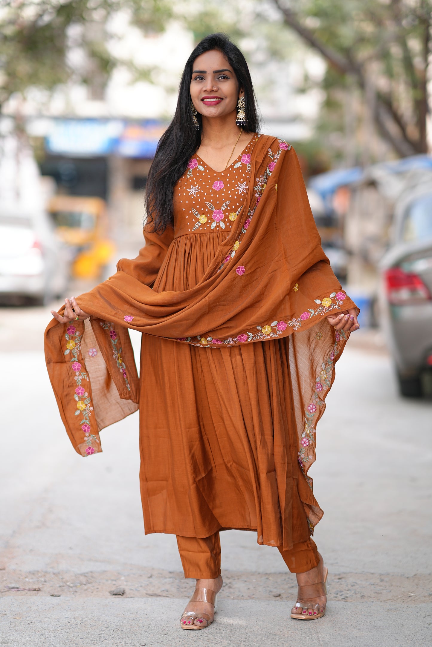 Brown Mul Cotton 3 Piece Set With Thread Embroidery Work and Complete Lining