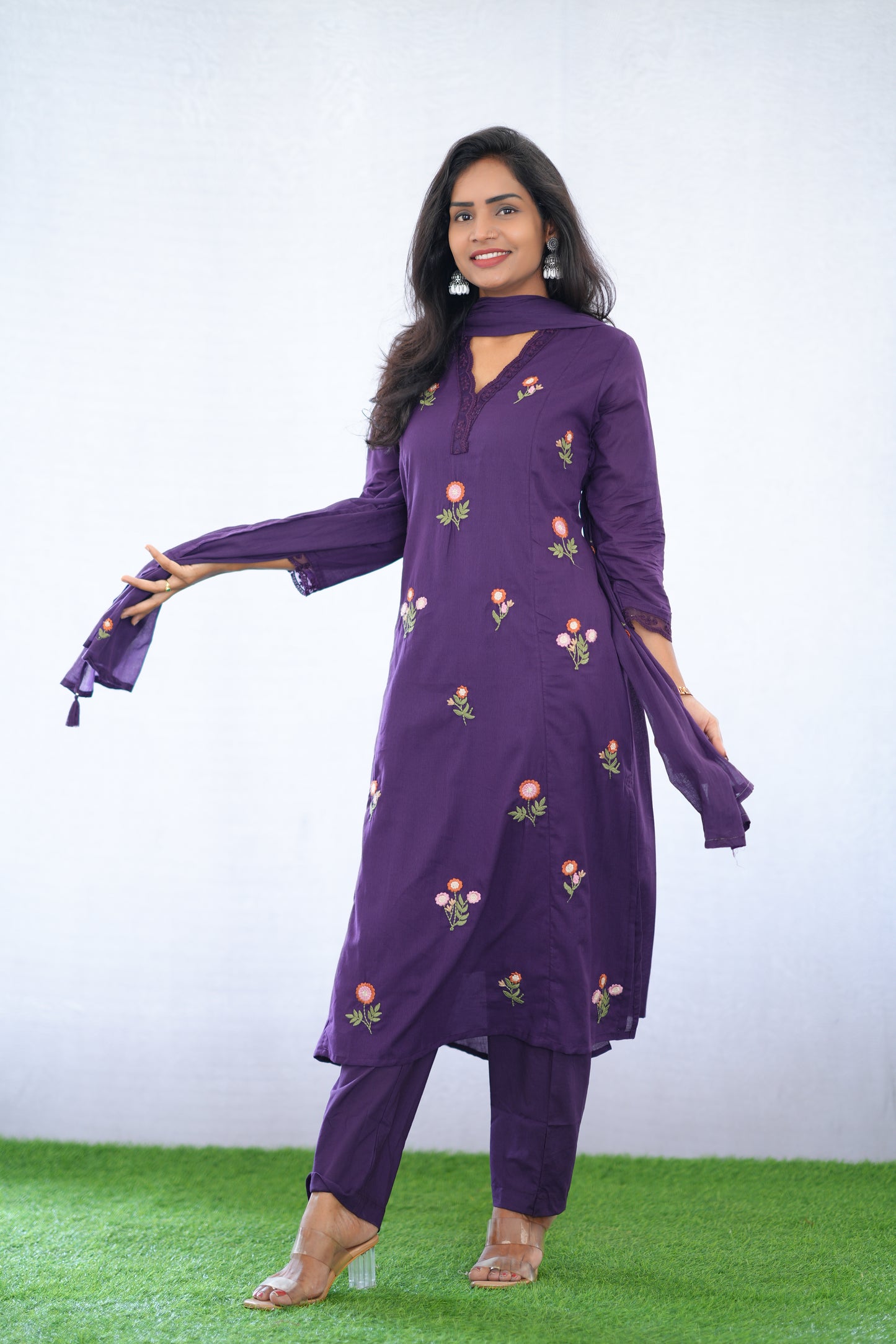 Purple Color Mul Cotton 3 Piece set With Embroidery work and Complete Lining