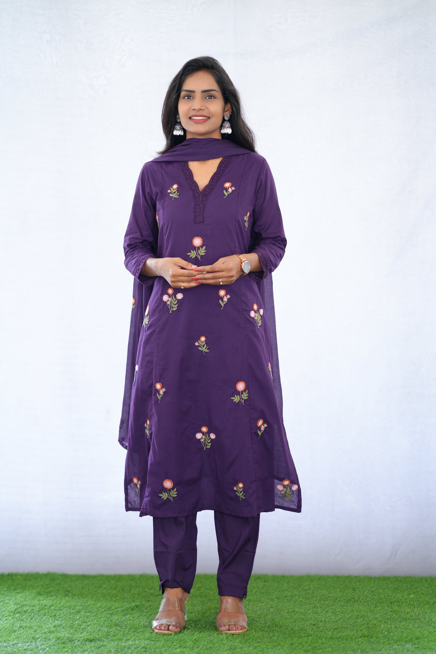 Purple Color Mul Cotton 3 Piece set With Embroidery work and Complete Lining
