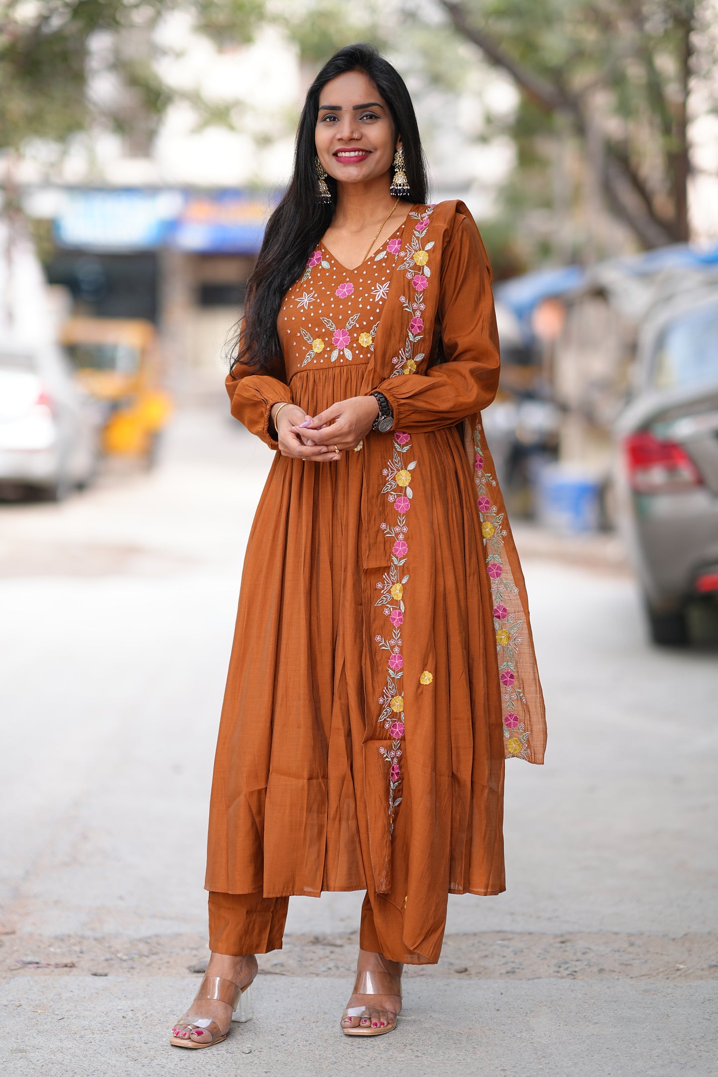 Brown Mul Cotton 3 Piece Set With Thread Embroidery Work and Complete Lining