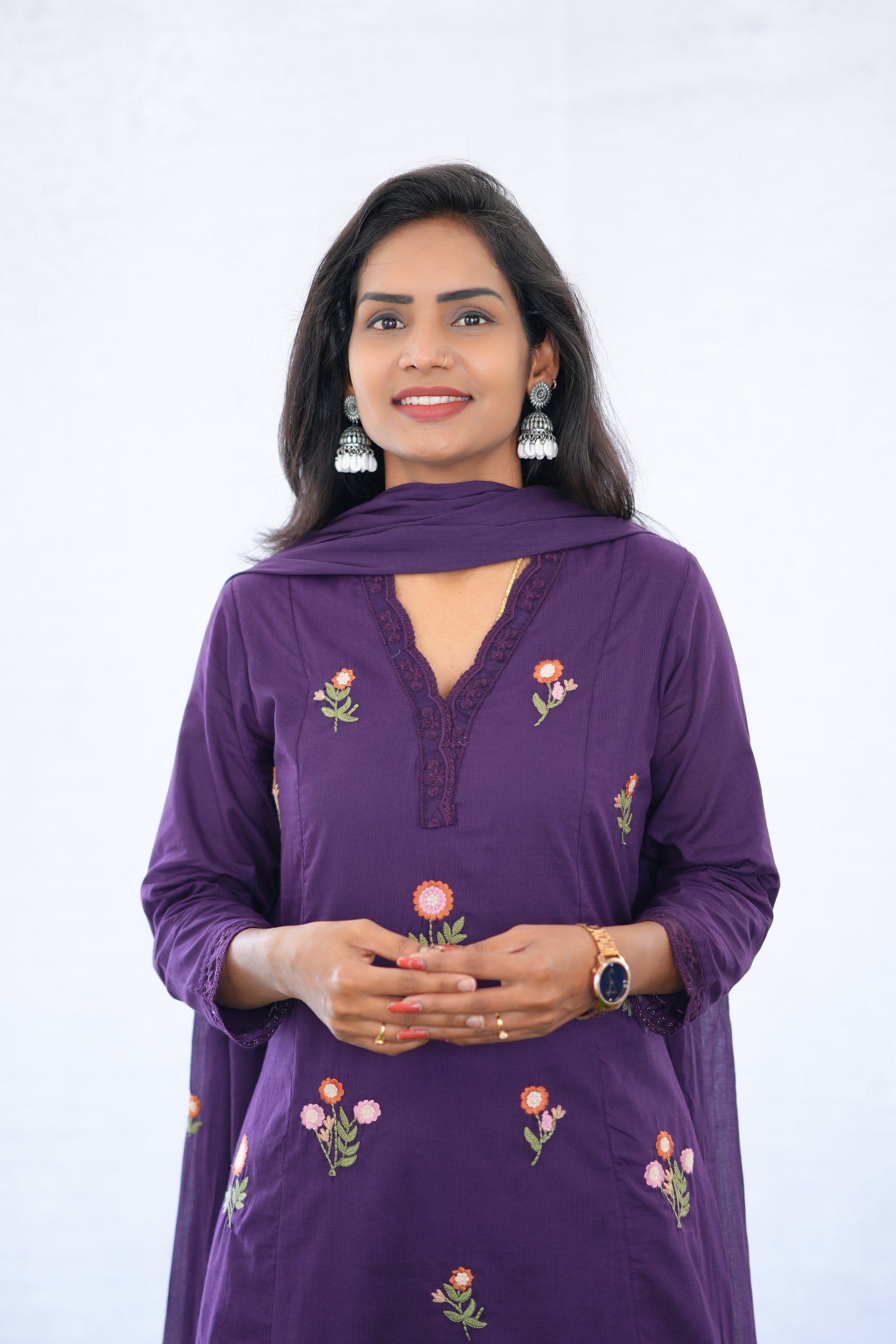 Purple Color Mul Cotton 3 Piece set With Embroidery work and Complete Lining