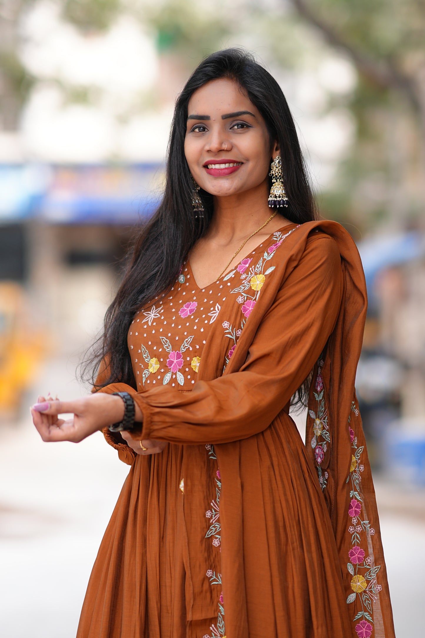 Brown Mul Cotton 3 Piece Set With Thread Embroidery Work and Complete Lining