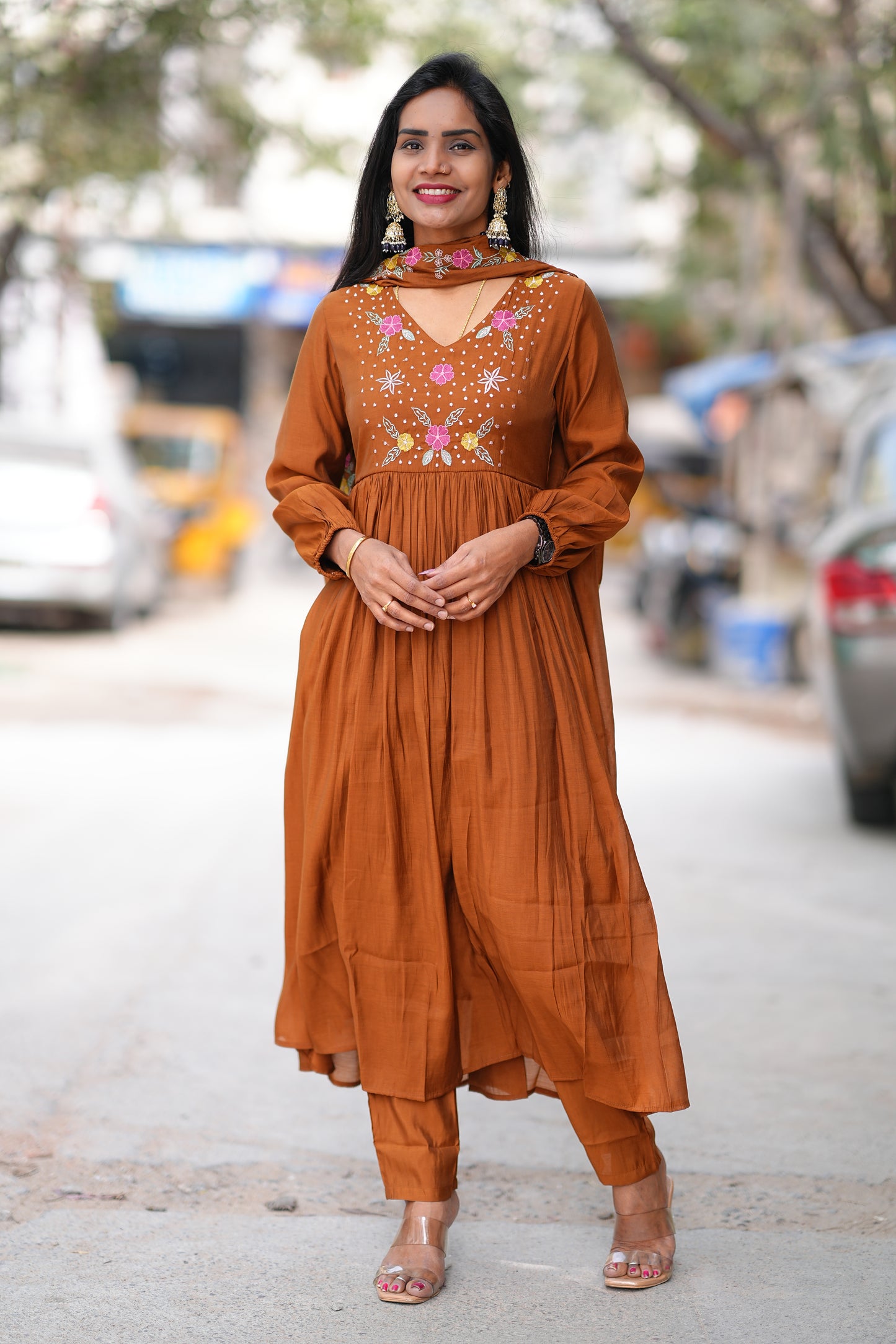 Brown Mul Cotton 3 Piece Set With Thread Embroidery Work and Complete Lining